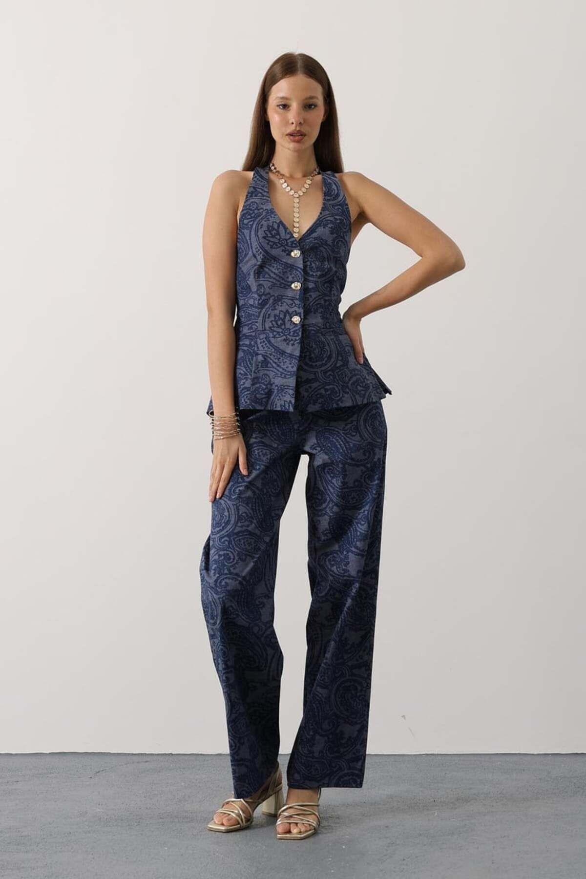 Şal Desenli Denim Takım