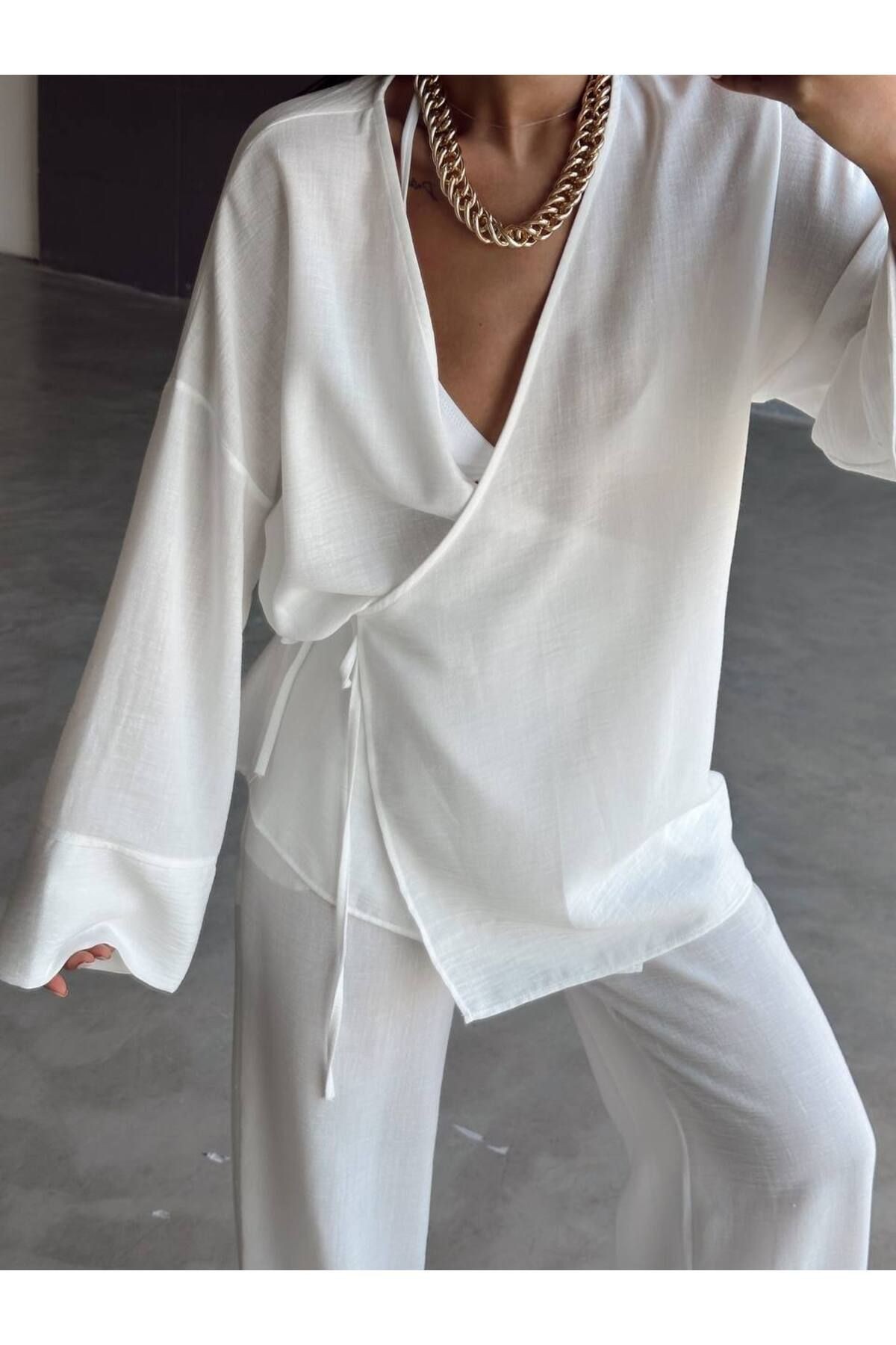 Yandan İp Bağlamalı Pamuklu Kimono Takım