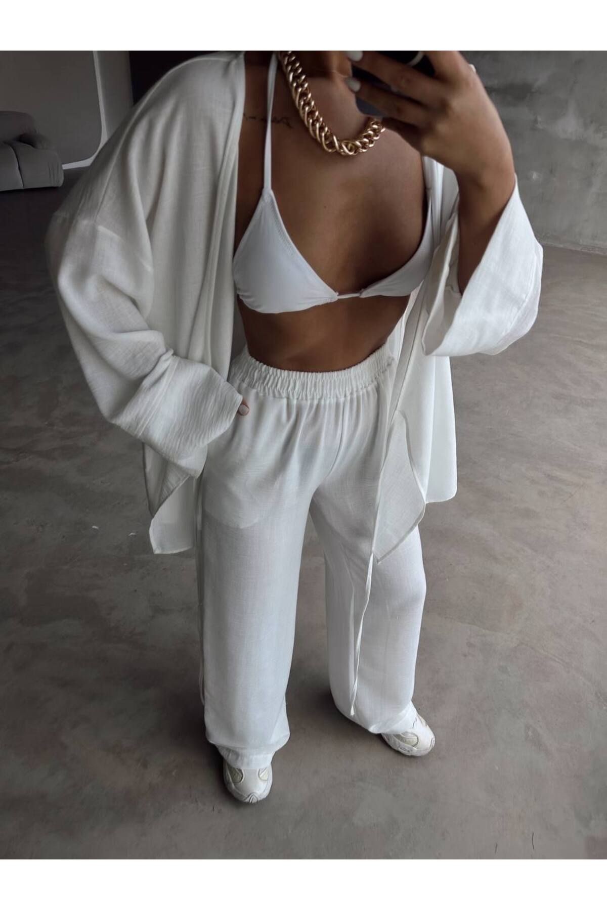 Yandan İp Bağlamalı Pamuklu Kimono Takım