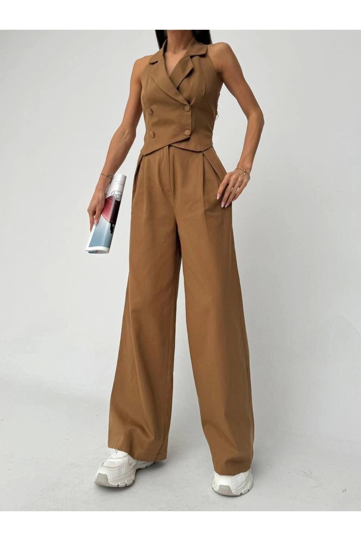 Premium %100 Pamuk Gabardin Düğmeli Yelek Pantolon Takım