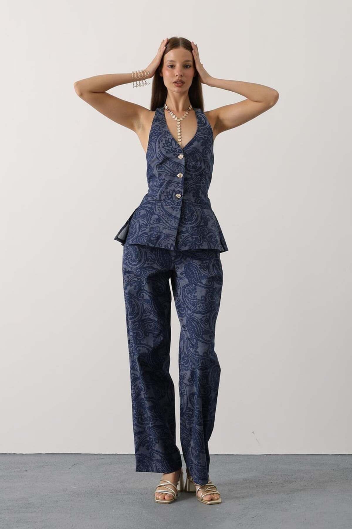 Şal Desenli Denim Takım