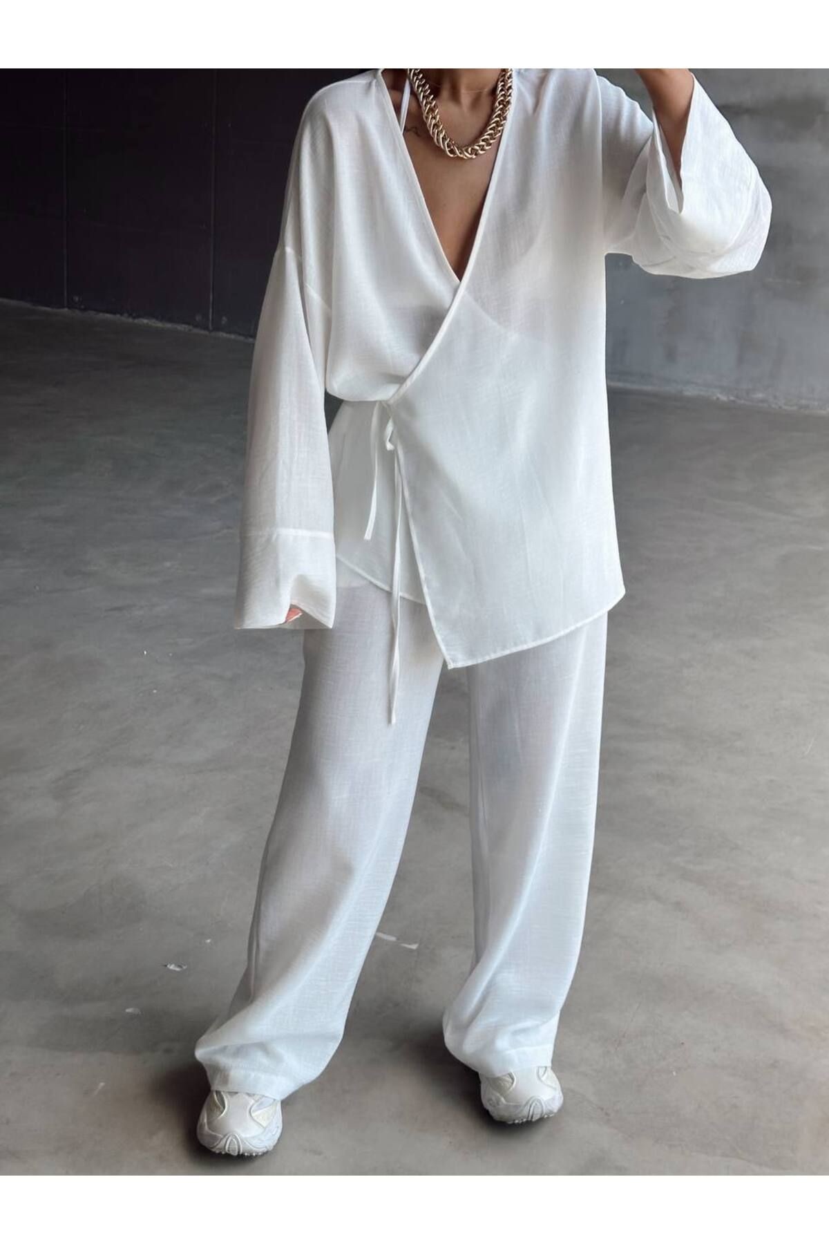 Yandan İp Bağlamalı Pamuklu Kimono Takım