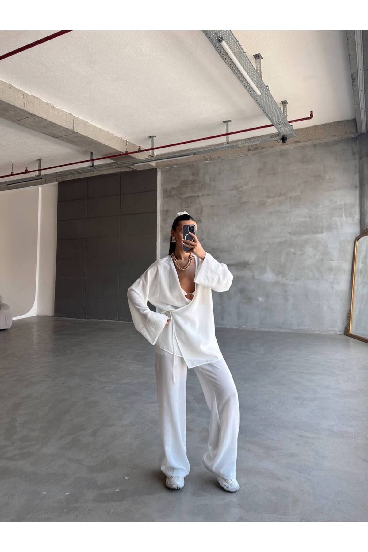 Yandan İp Bağlamalı Pamuklu Kimono Takım