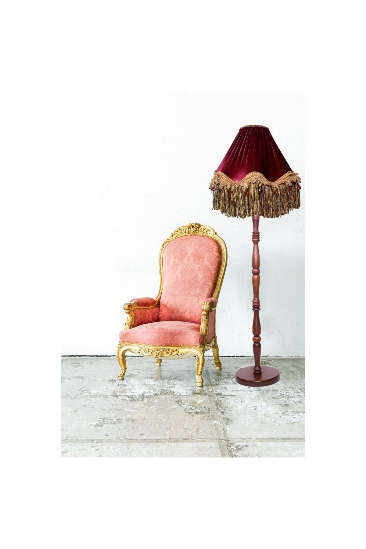 Bordo Gold Saçak Vintage Lambader Kumaş Kaplama Kahverengi Ahşap Ayak Lm0124