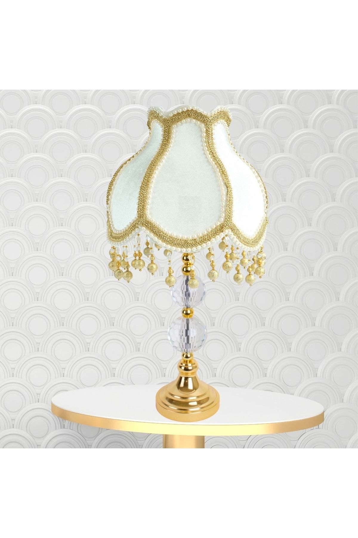 Ekru Kadife Kumaş Gold Kristal Ayak Klasik Abajur Ab0448