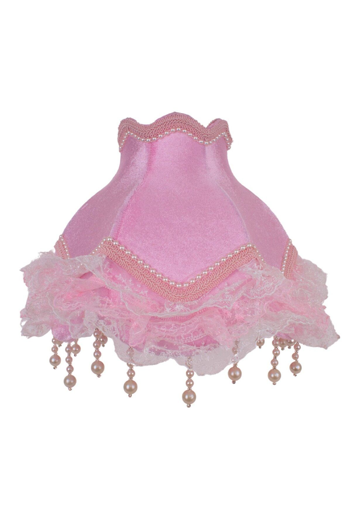 Pembe Kadife Abajur Beyaz Klasik İnci Metal Ayak Vintage Fransız Dantel AB0737