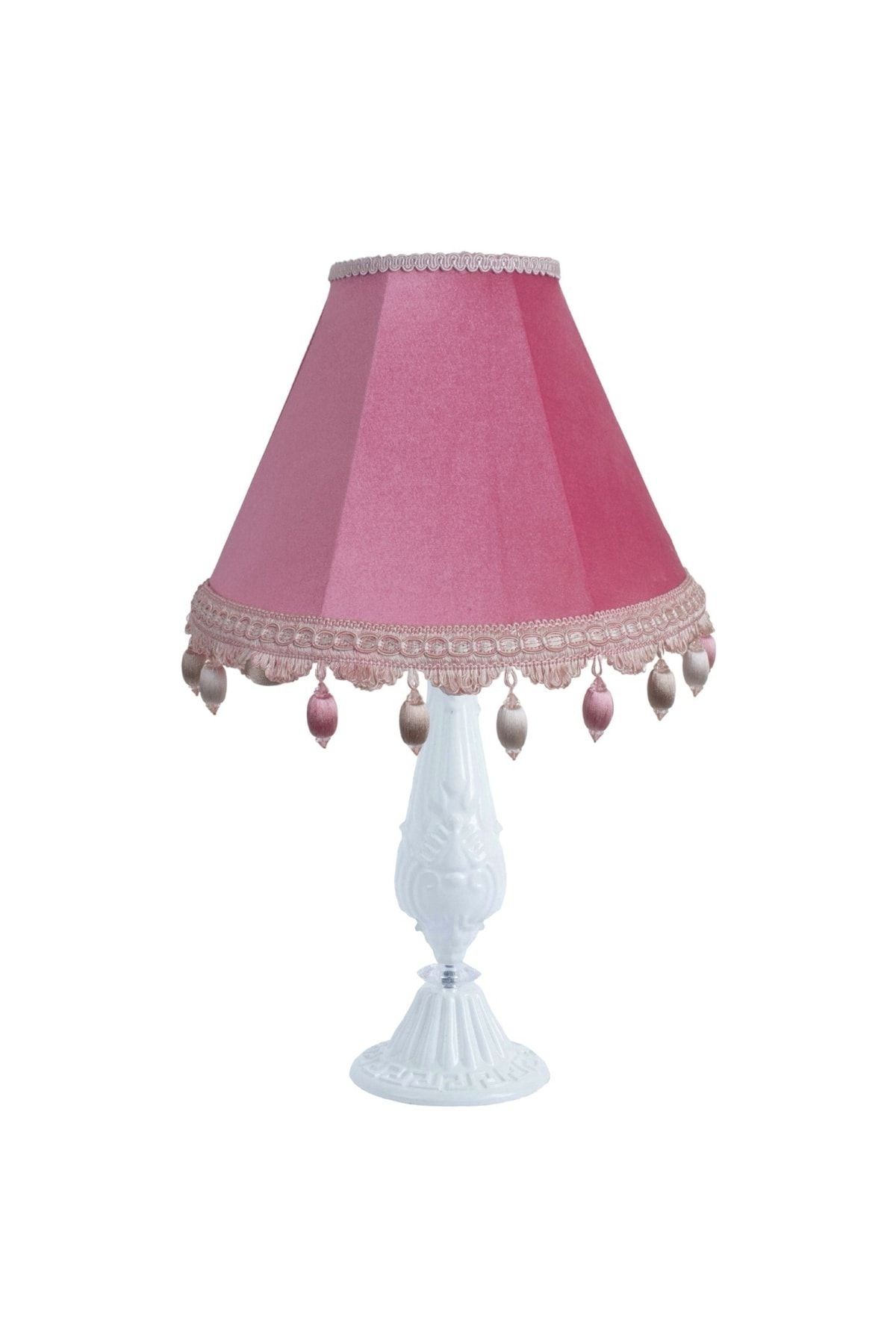 Kadife Kaplı Ponpon Dekorlu Pudra Pembe Vintage Abajur Ab00305