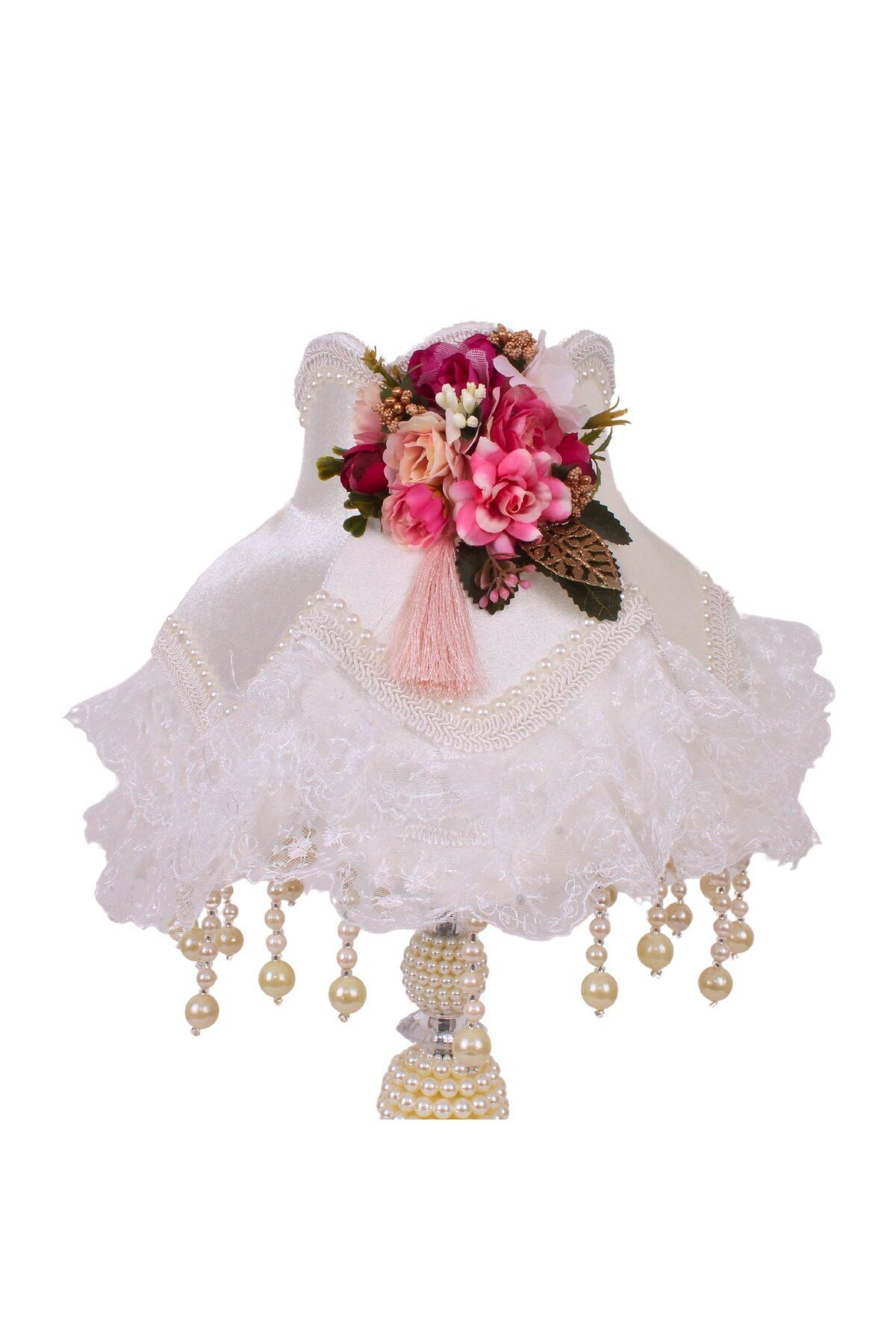 Ekru Kadife Fuşya Çiçek Süsleme Kaplı Dantel Süsleme Sarkan Vintage Abajur 30x50cm AB1008