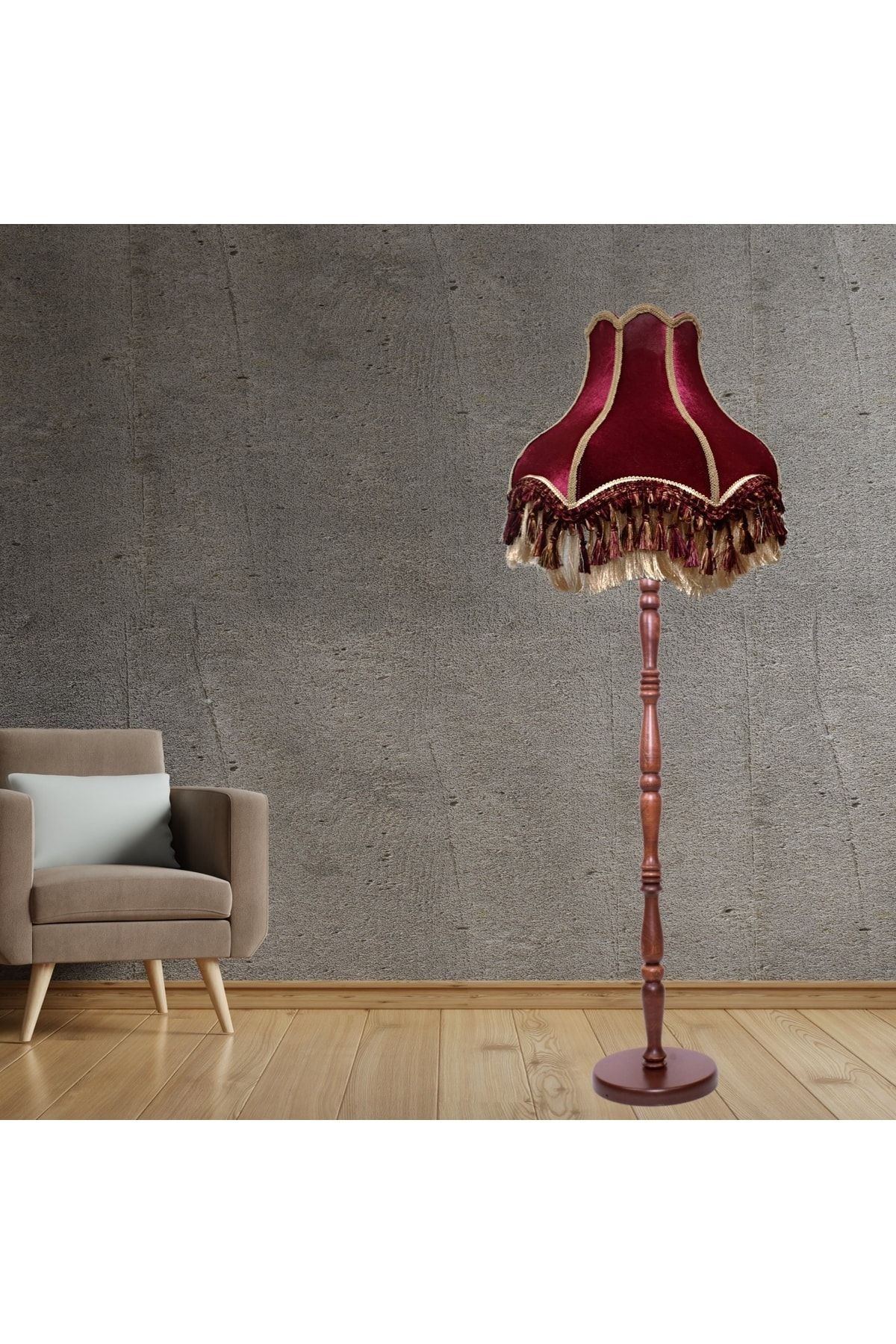 Bordo Vintage Lambader Kumaş Kaplama Kahverengi Ahşap Ayak Lm0120