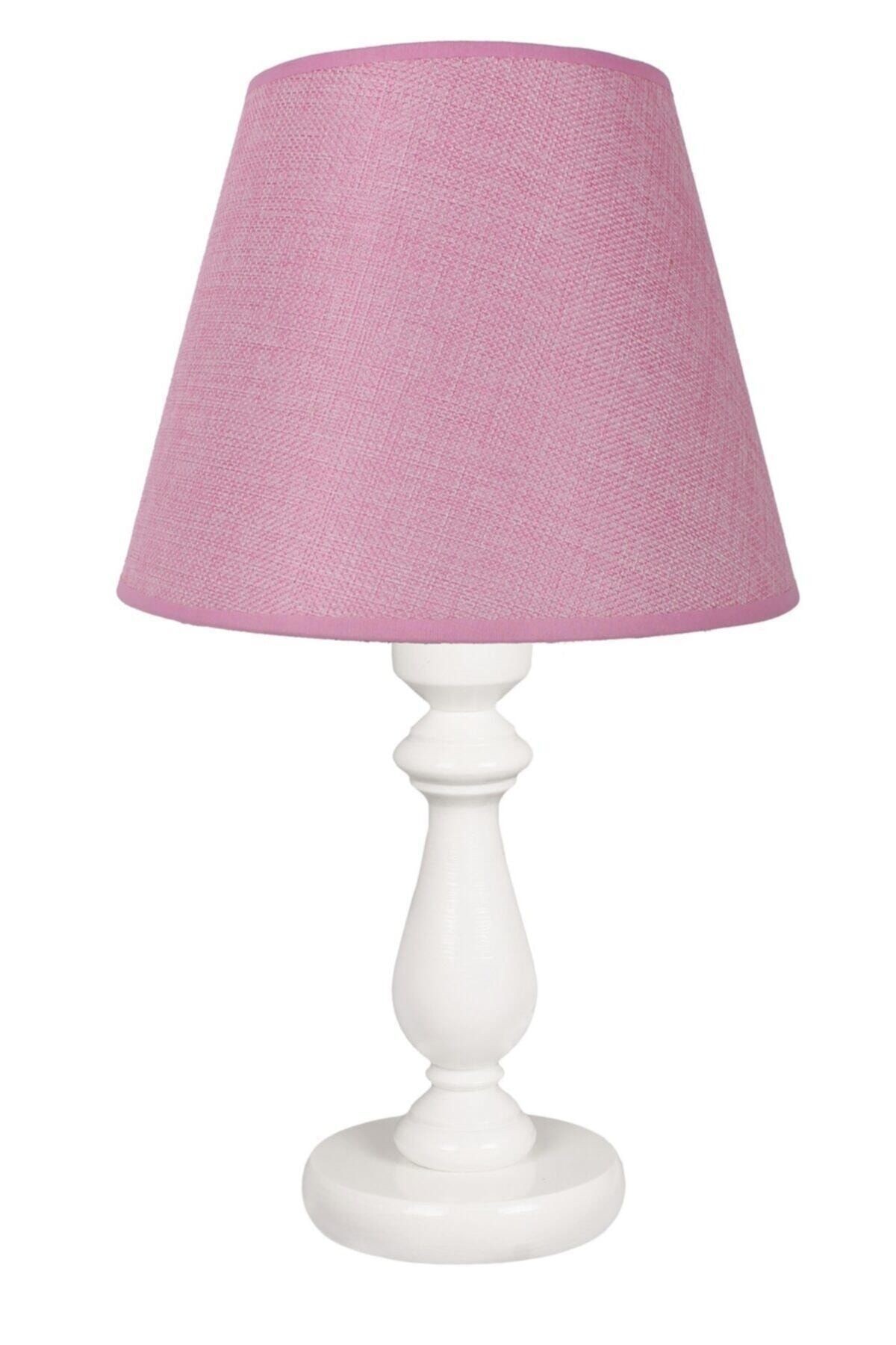 Modern Ahşap Ayaklı Kumaş Pembe Abajur