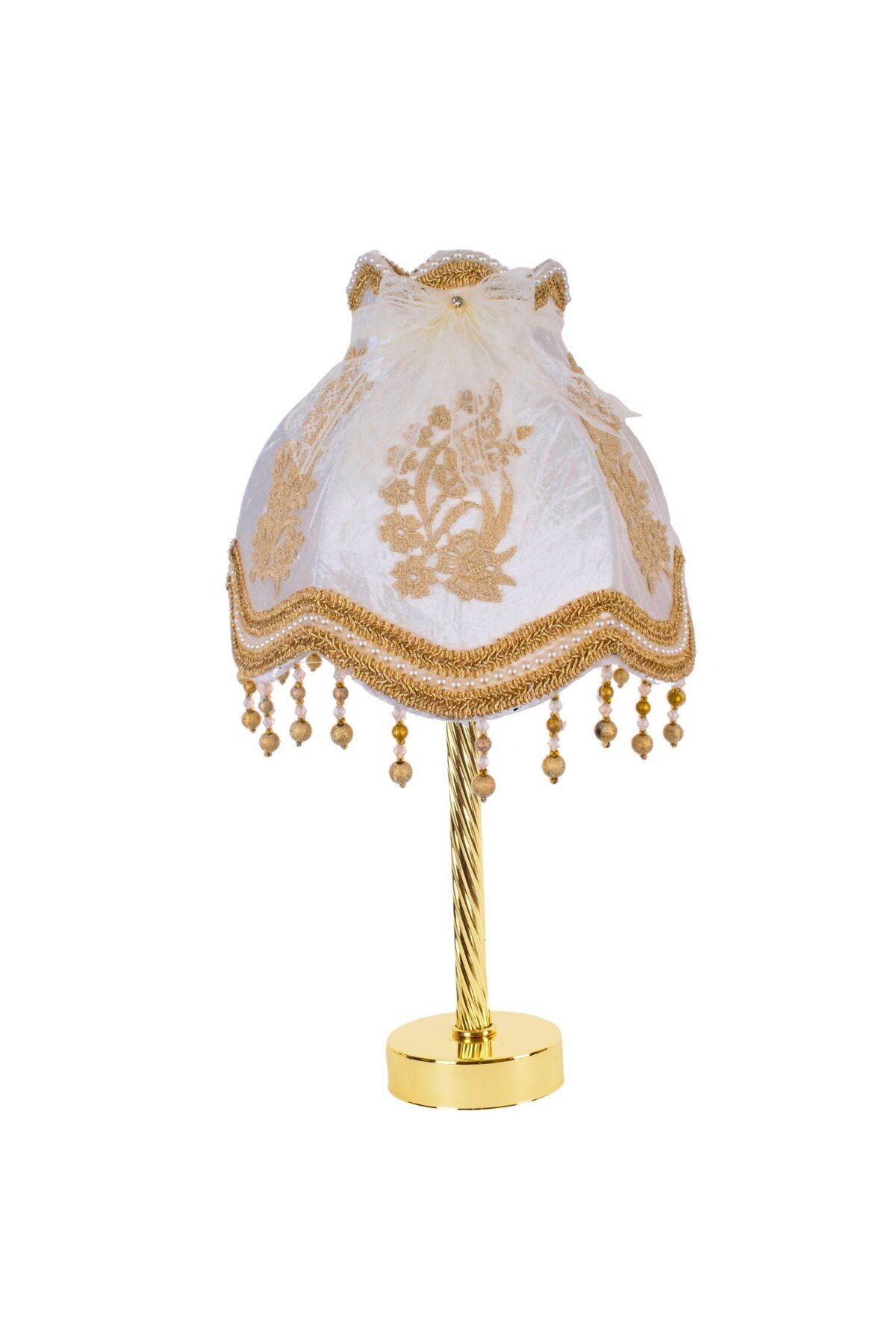 Ekru Kadife Kaplı Fransız Dantel Vintage Abajur Gold Metal Ayak 30x48cm AB0768