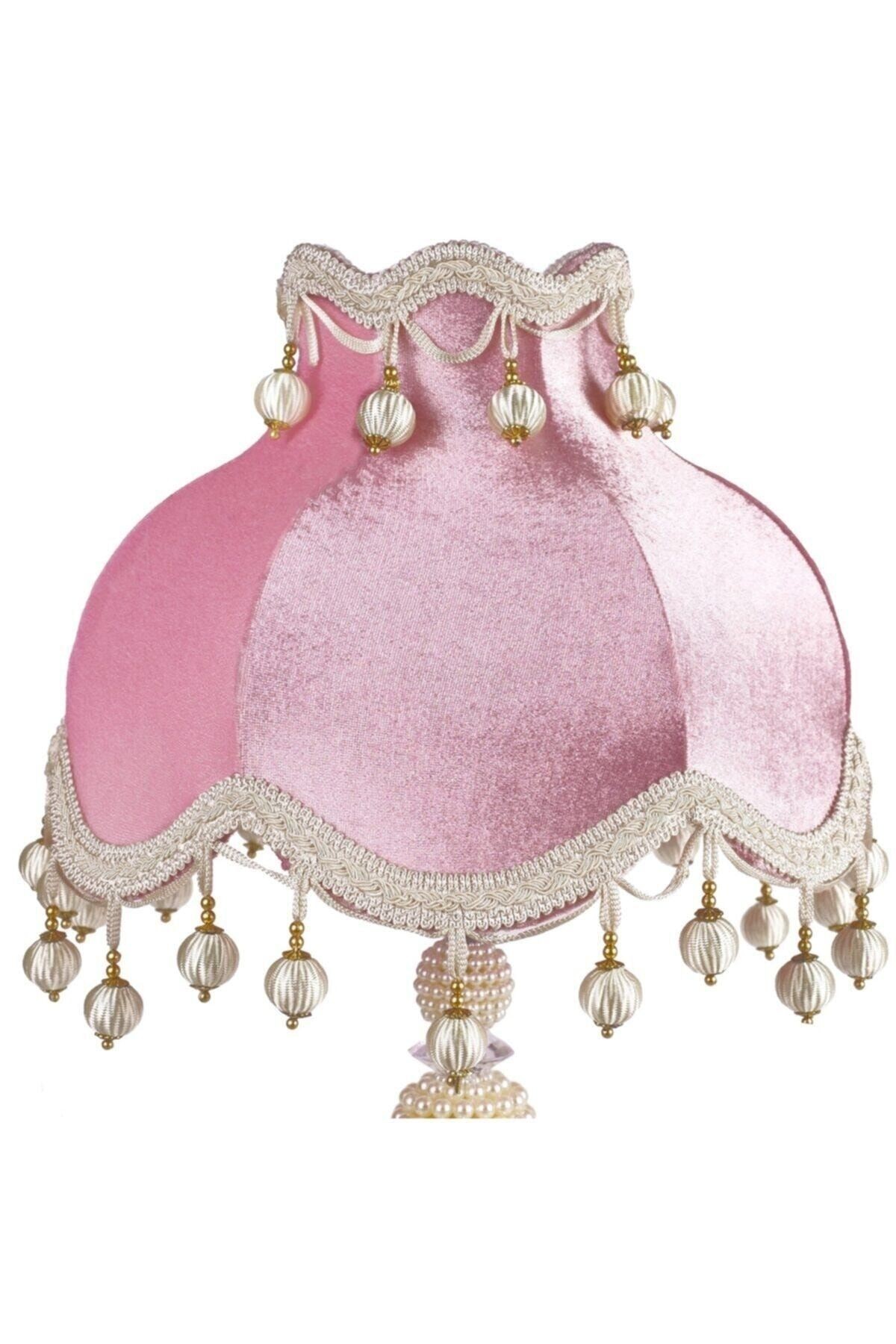 Sarkan Ponpon Dekorlu Abajur Pembe Klasik Model
