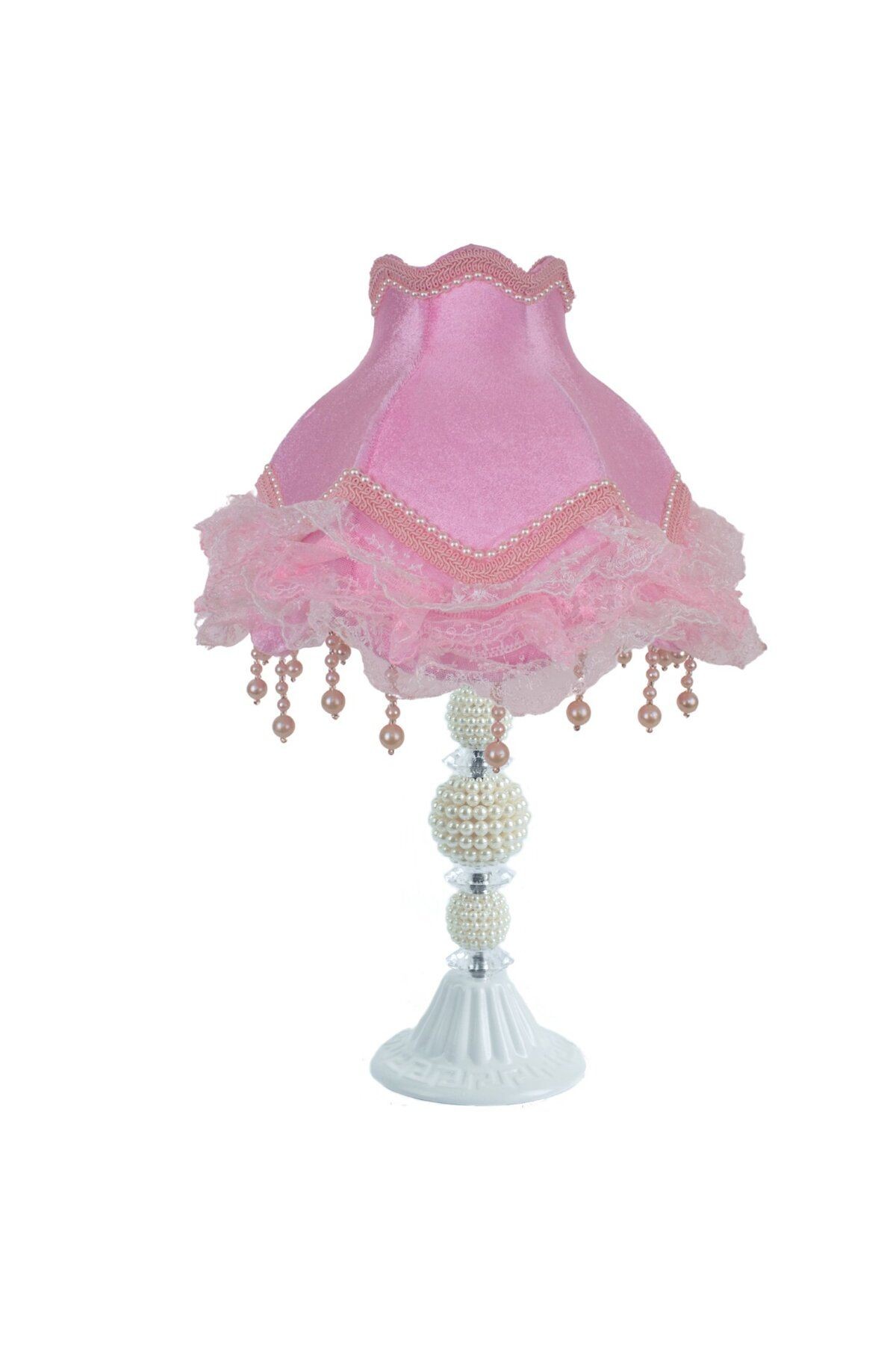 Pembe Kadife Abajur Beyaz Klasik İnci Metal Ayak Vintage Fransız Dantel AB0737