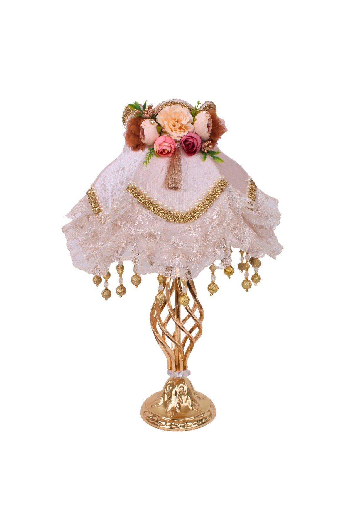 Vizon Kadife Kaplı Dantel Süsleme Gold Sarkan Vintage Abajur 30x50cm AB1006