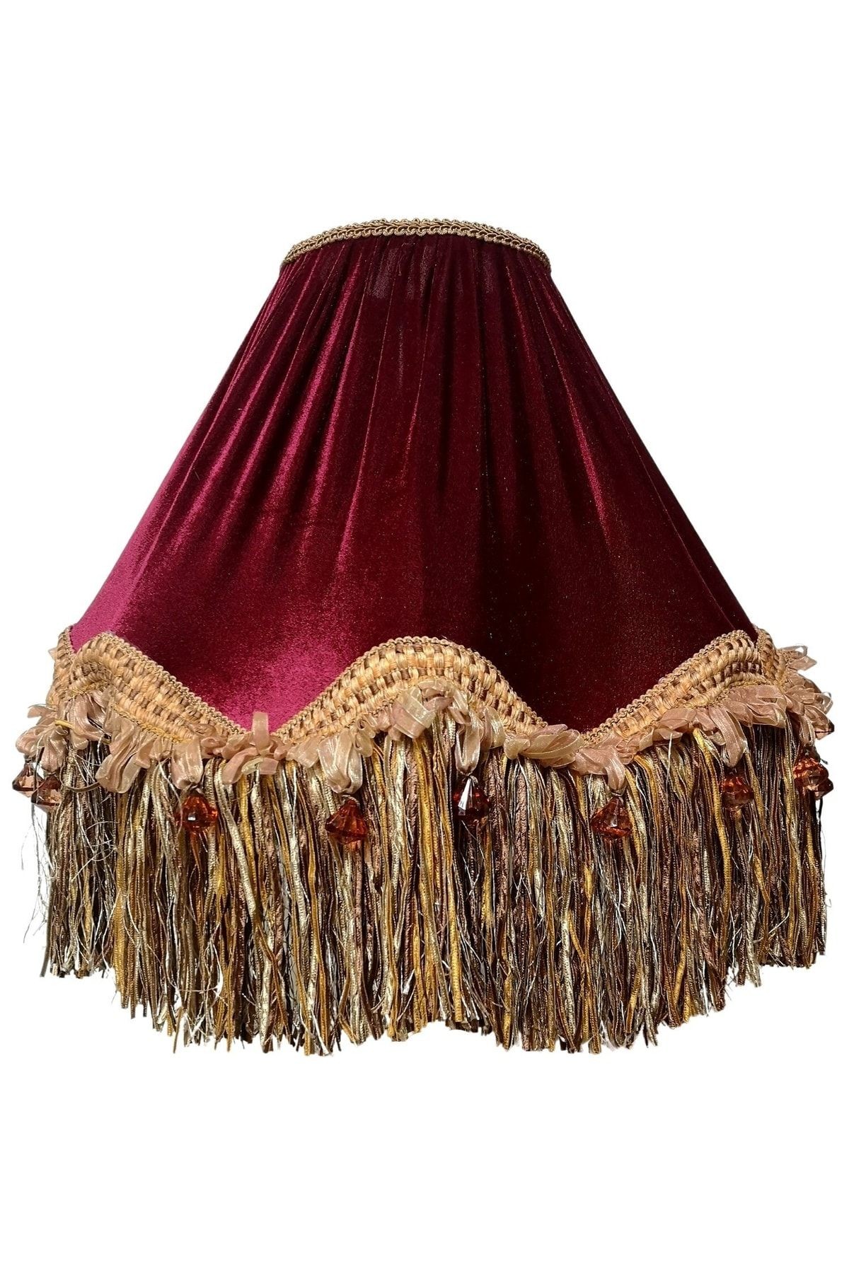 Bordo Gold Saçak Vintage Lambader Kumaş Kaplama Kahverengi Ahşap Ayak Lm0124