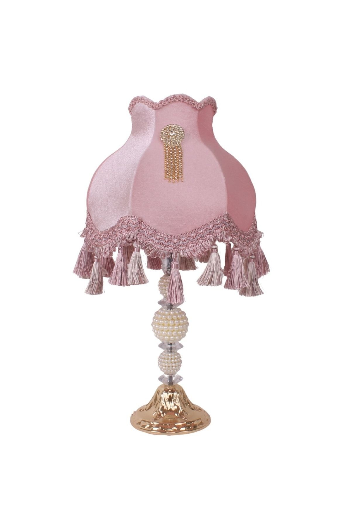 Kadife Kaplı Broş Dekorlu Pembe Vintage Abajur Ab0120
