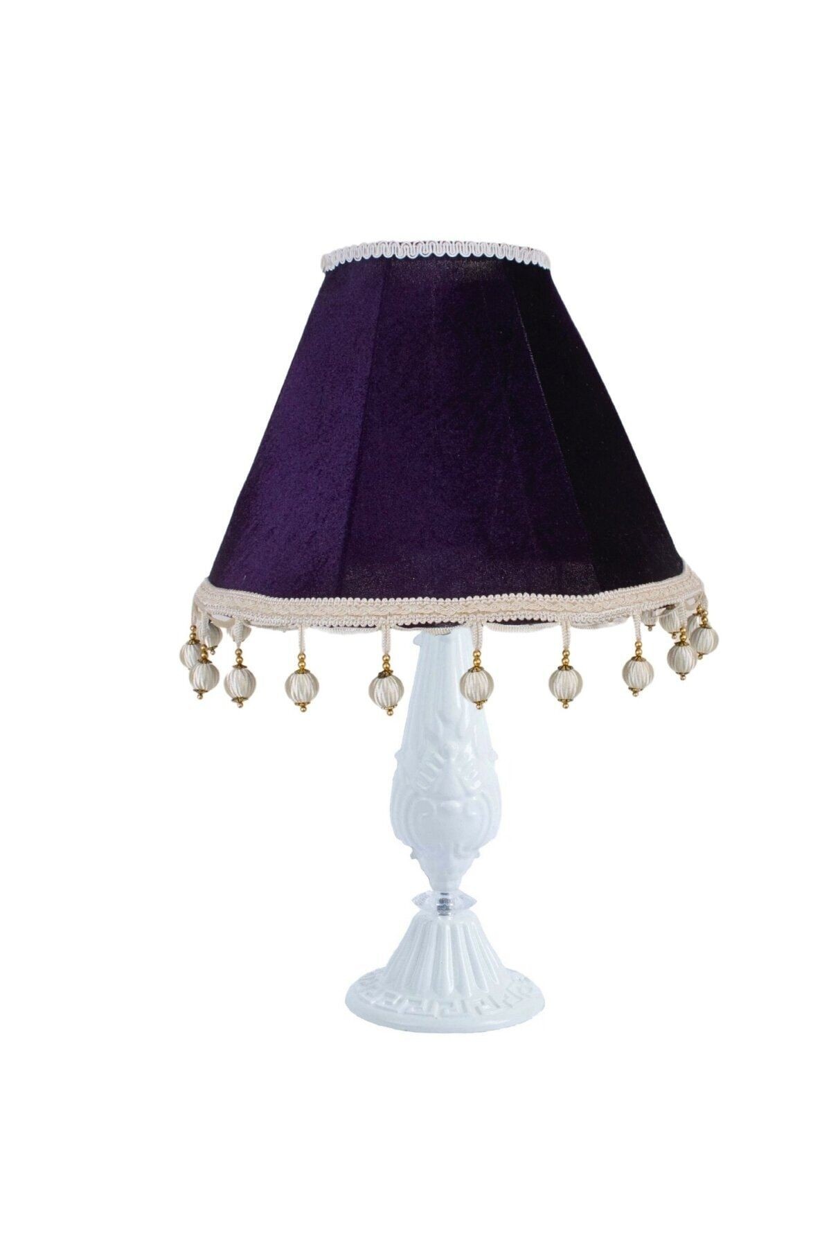 Mor Kadife Vintage Abajur Beyaz Metal Ayak AB07464