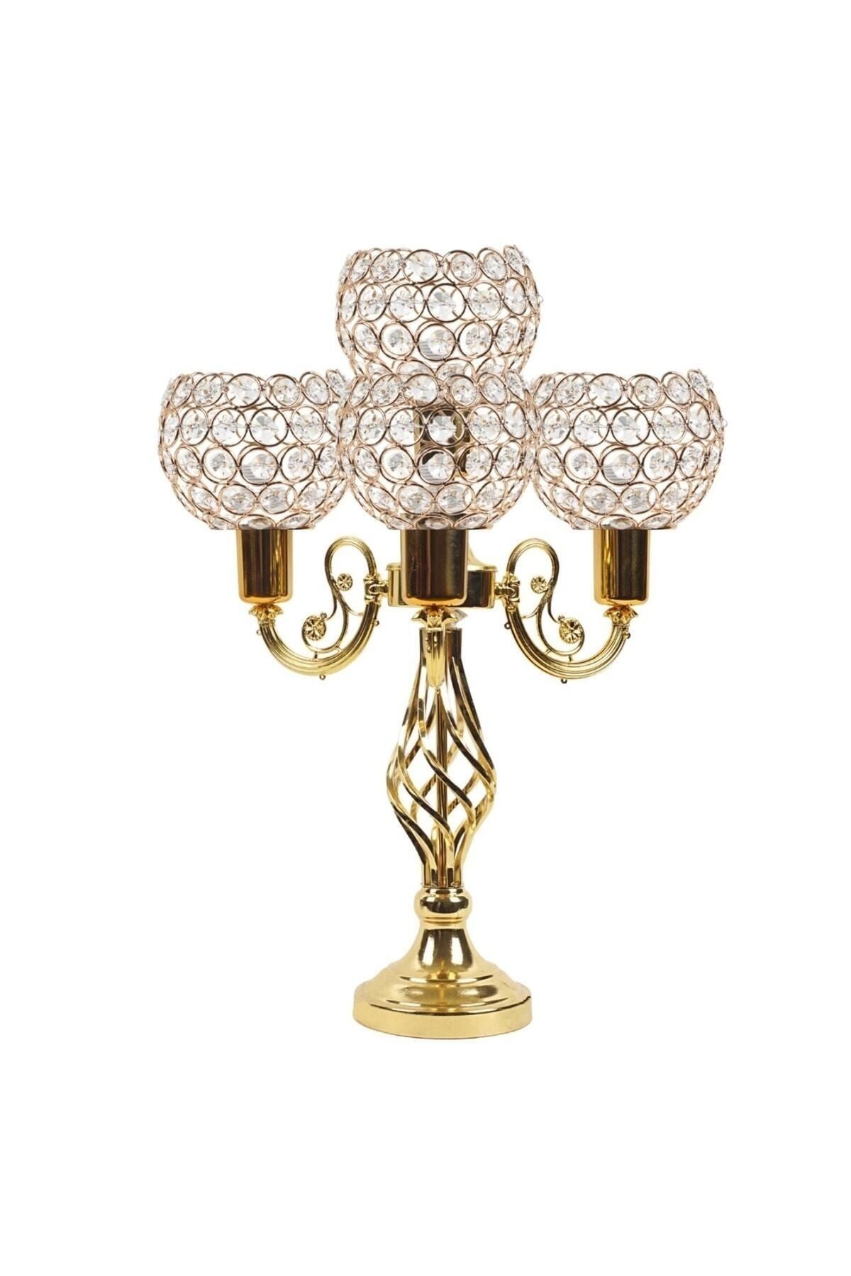 Dört Kollu Kristal Şapka Gold Metal Şamdan