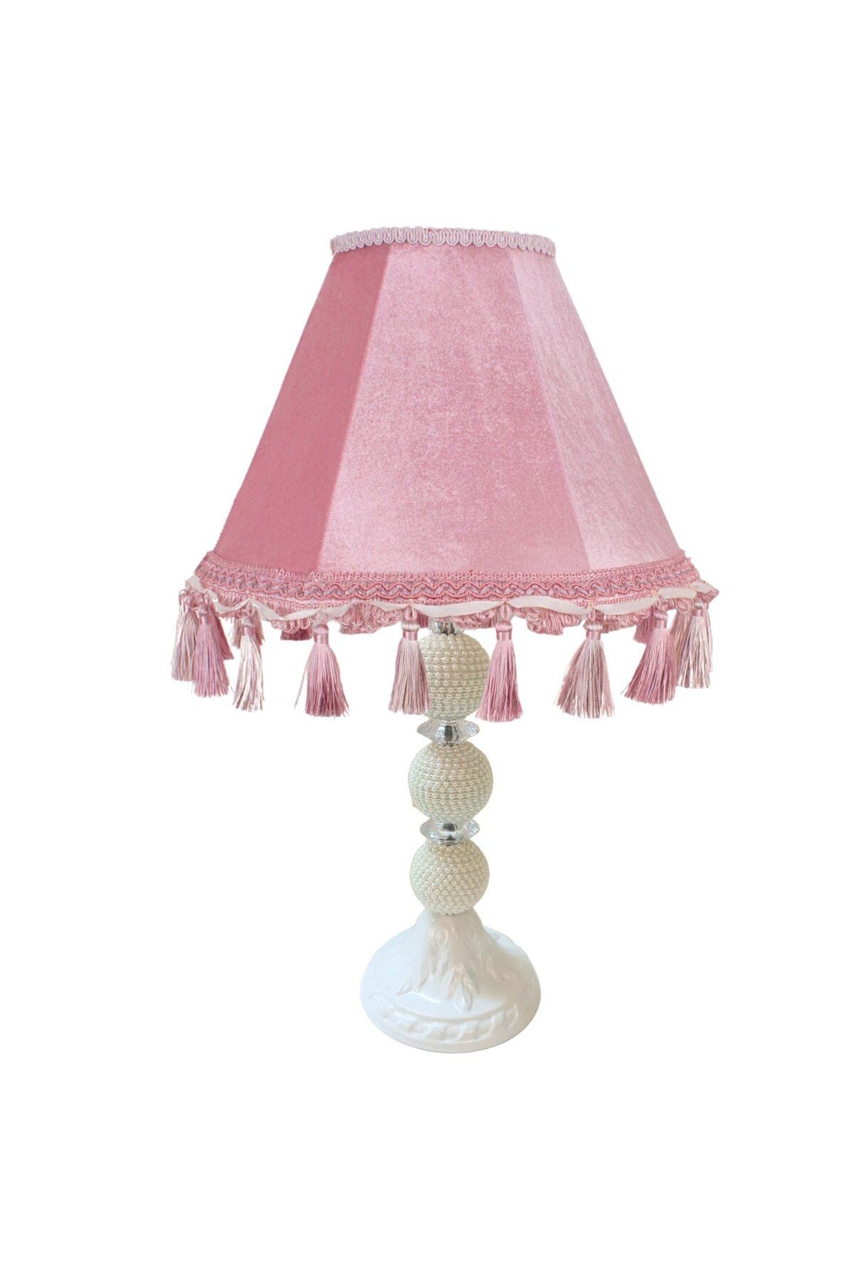 Pembe Kadife Vintage Abajur İncili Metal Ayak AB07499