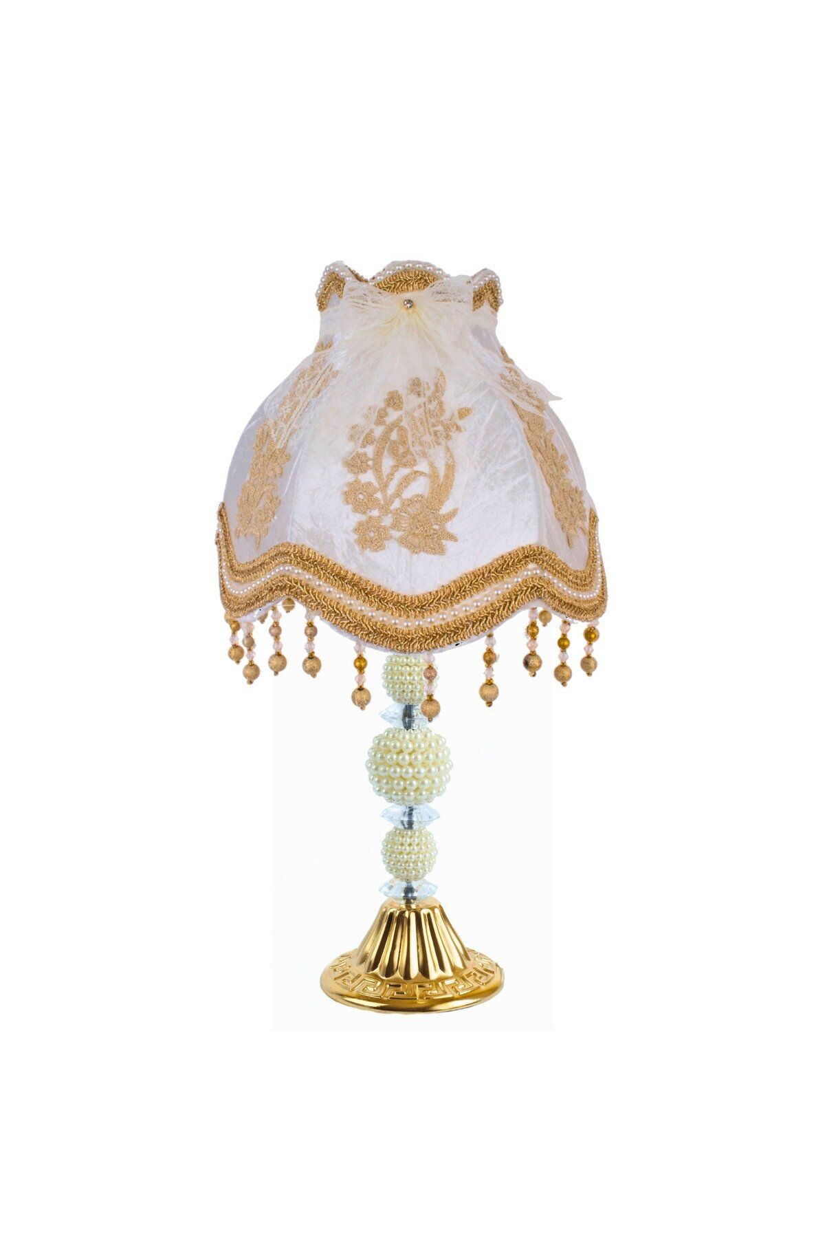 Ekru Kadife Fransız Dantel Süsleme Vintage Abajur Gold Kaplama İncili Gold Metal Ayak AB0769