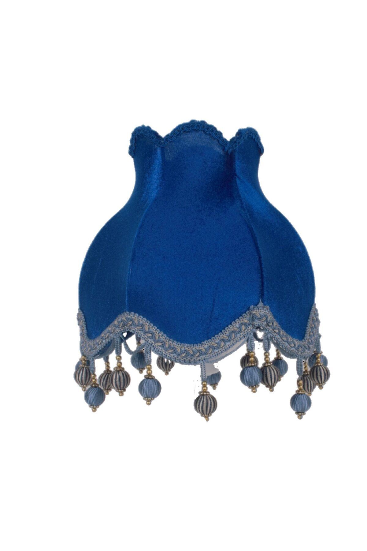 Gece Mavi Kadife Kaplı Vintage Abajur Beyaz Metal Ayak Gece Kuşu Model 30x50cm AB0755