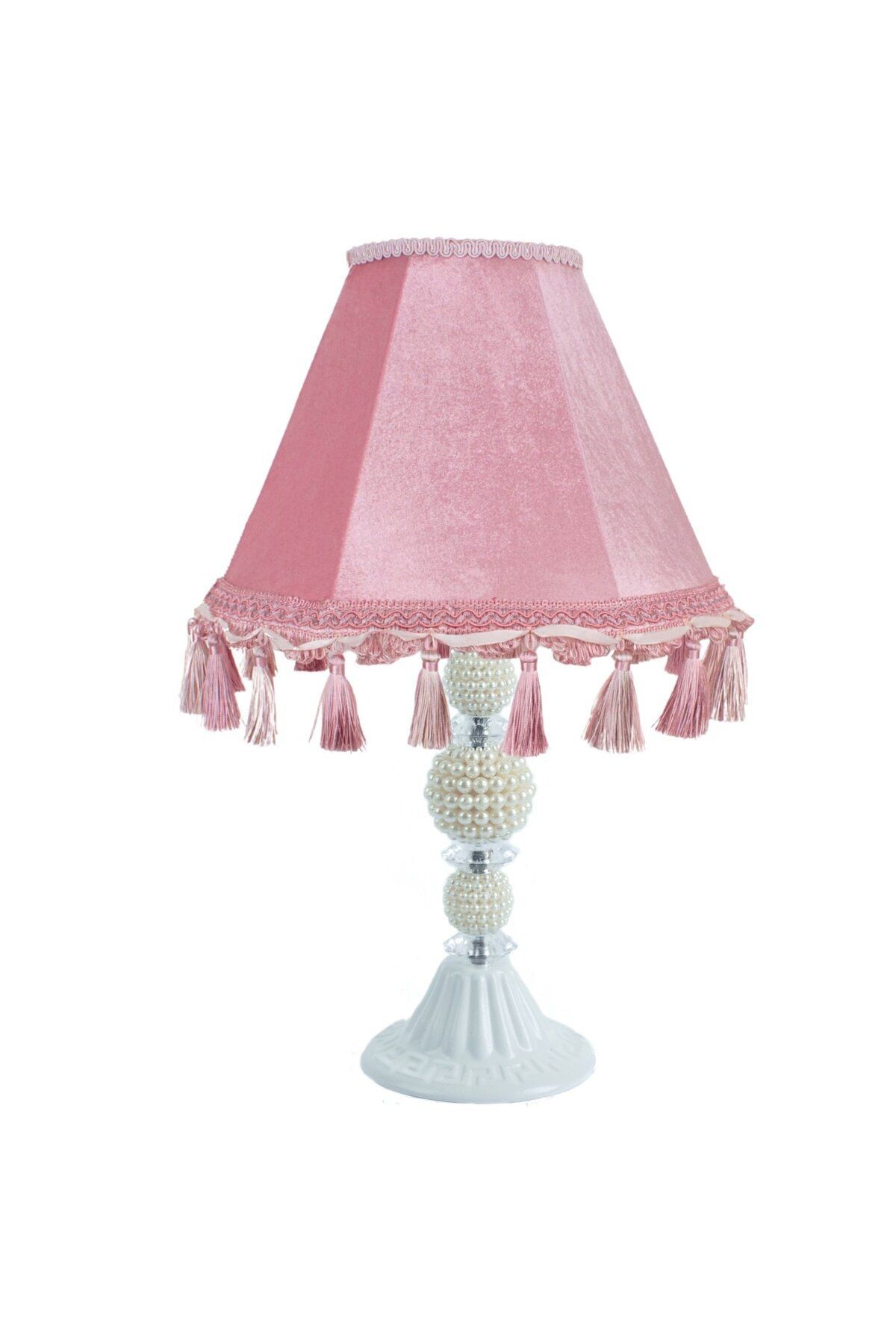 Pembe Kadife Vintage Abajur İncili Beyaz Metal Ayak AB07498
