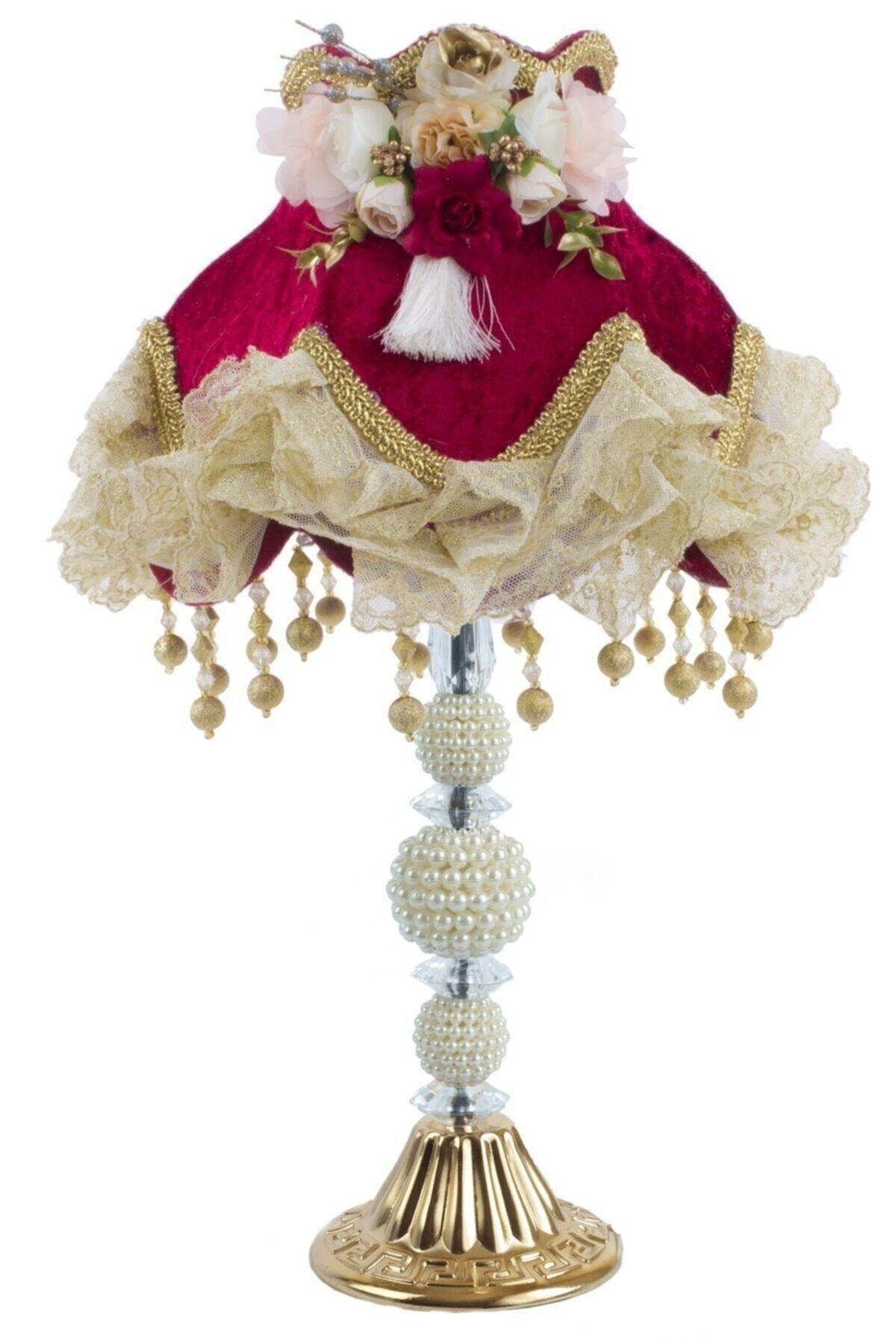 Kadife Kaplı El Yapımı Klasik Model Abajur Vintage Bordo