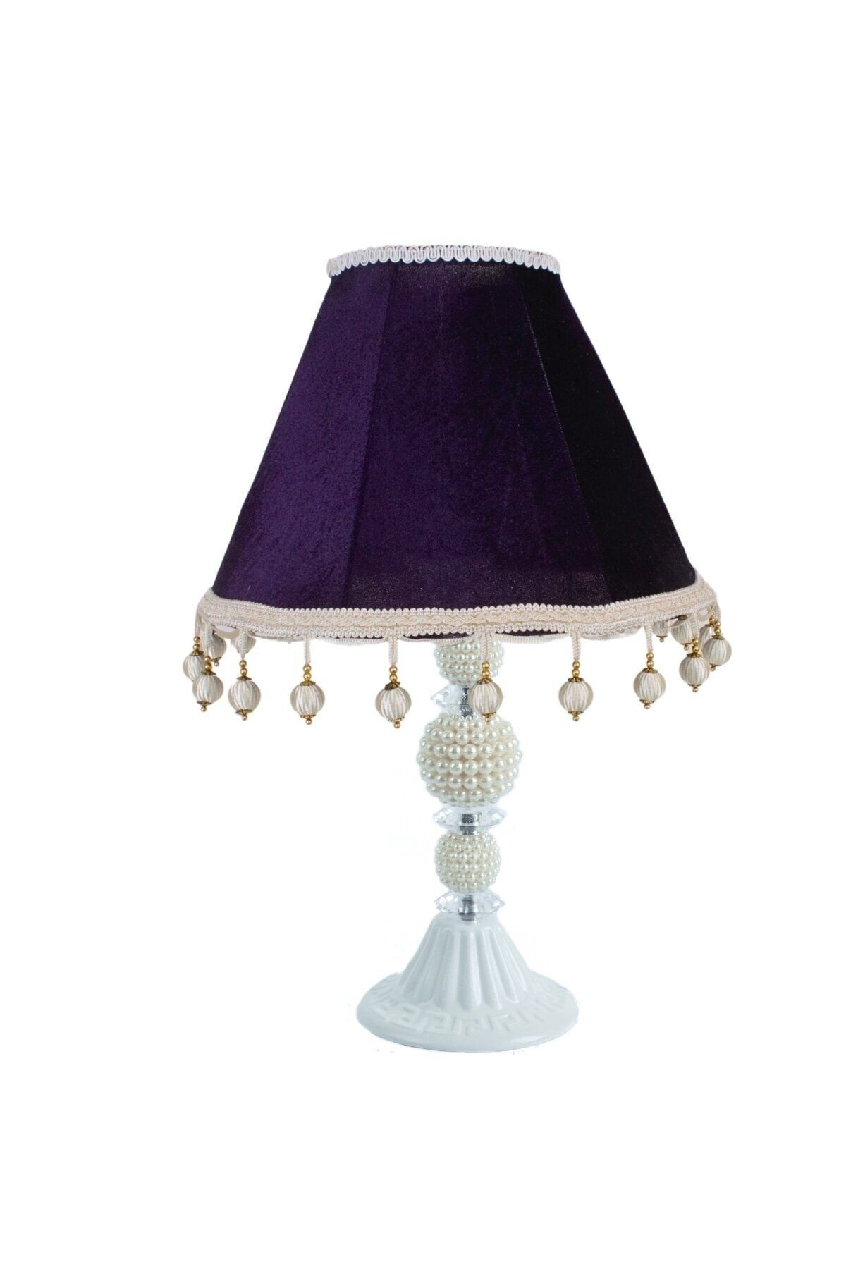 Mor Kadife Vintage Abajur Beyaz Metal İncili Ayak AB07462