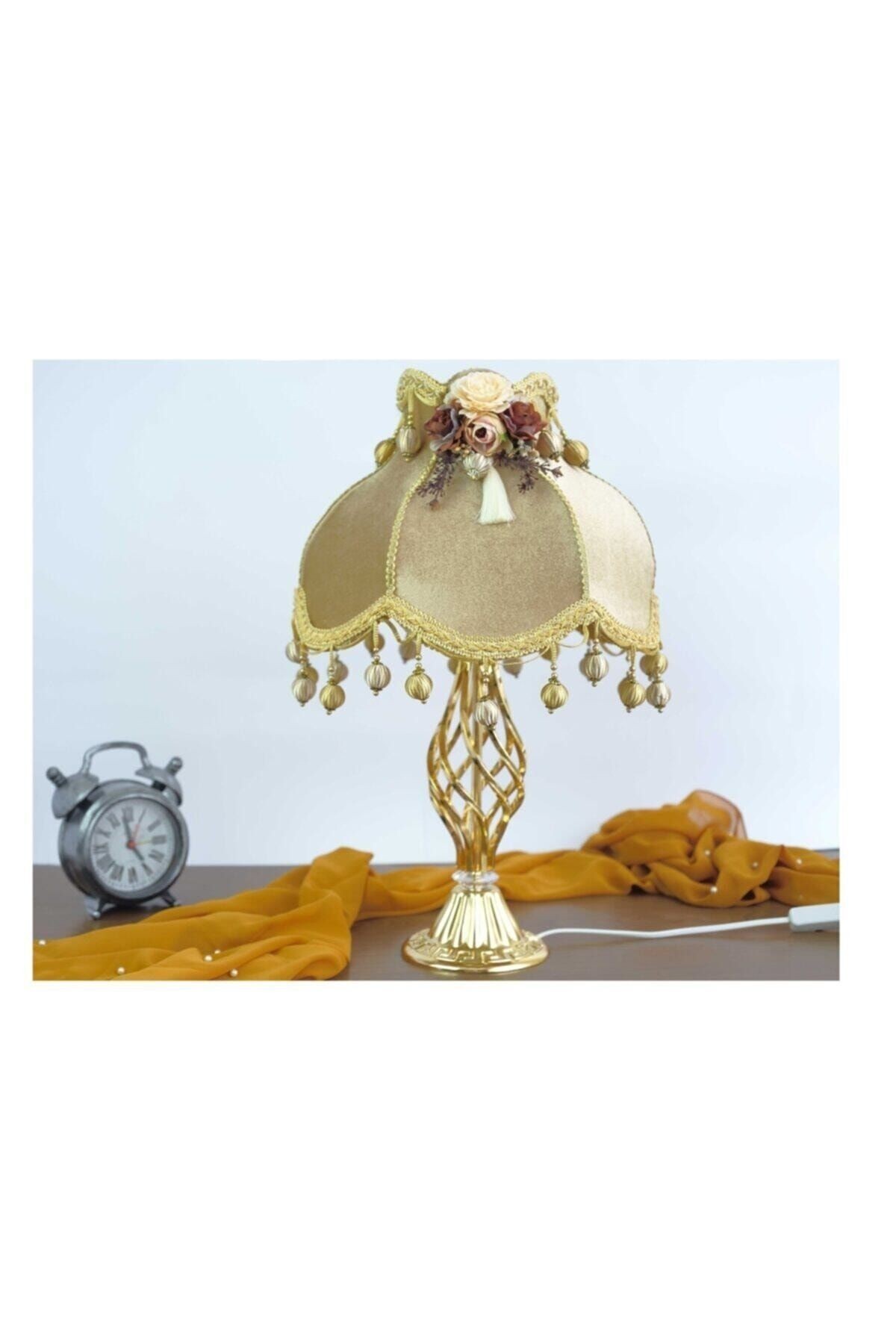 Kadife Kaplı Çiçek Dekorlu Gold Kaplama Vintage Abajur