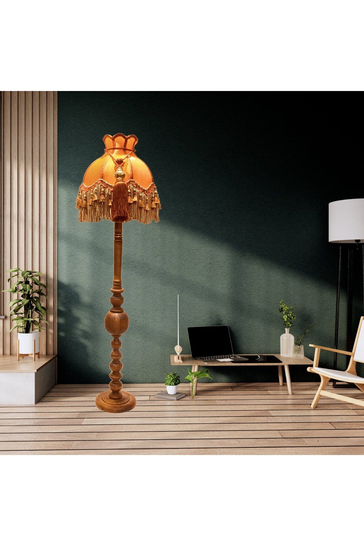 Kiremit Renk Kadife Lambader Kahve Ahşap Ayak Vintage LM01298