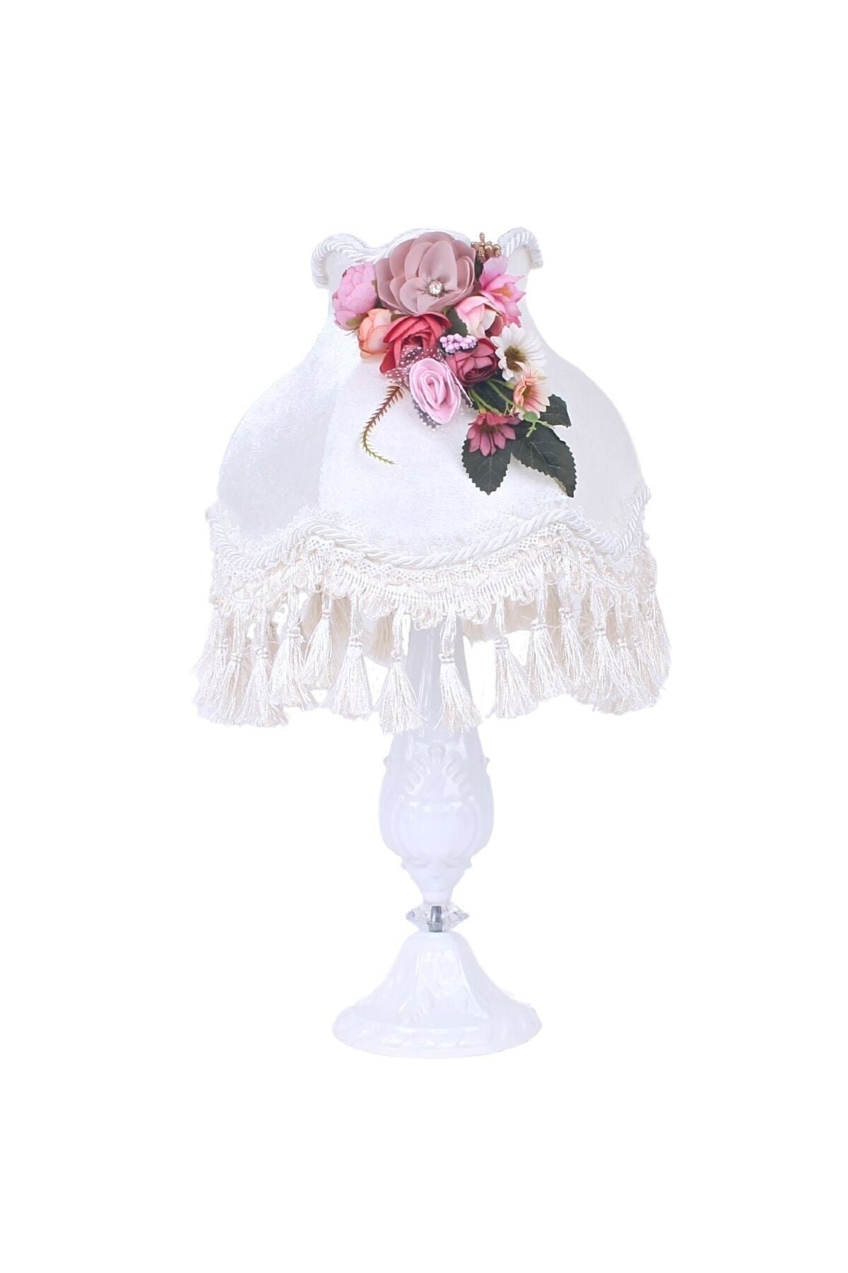 Çiçek Dekorlu Abajur Ekru Klasik Kokoş Model Vintage