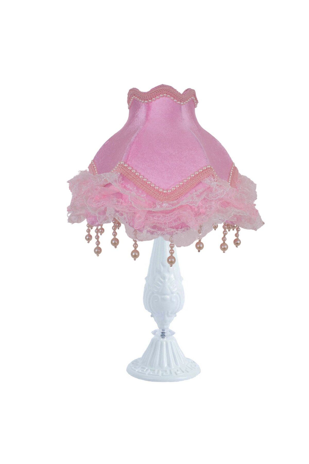 Pembe Kadife Abajur Beyaz Klasik Metal Ayak Vintage Fransız Dantel AB0736