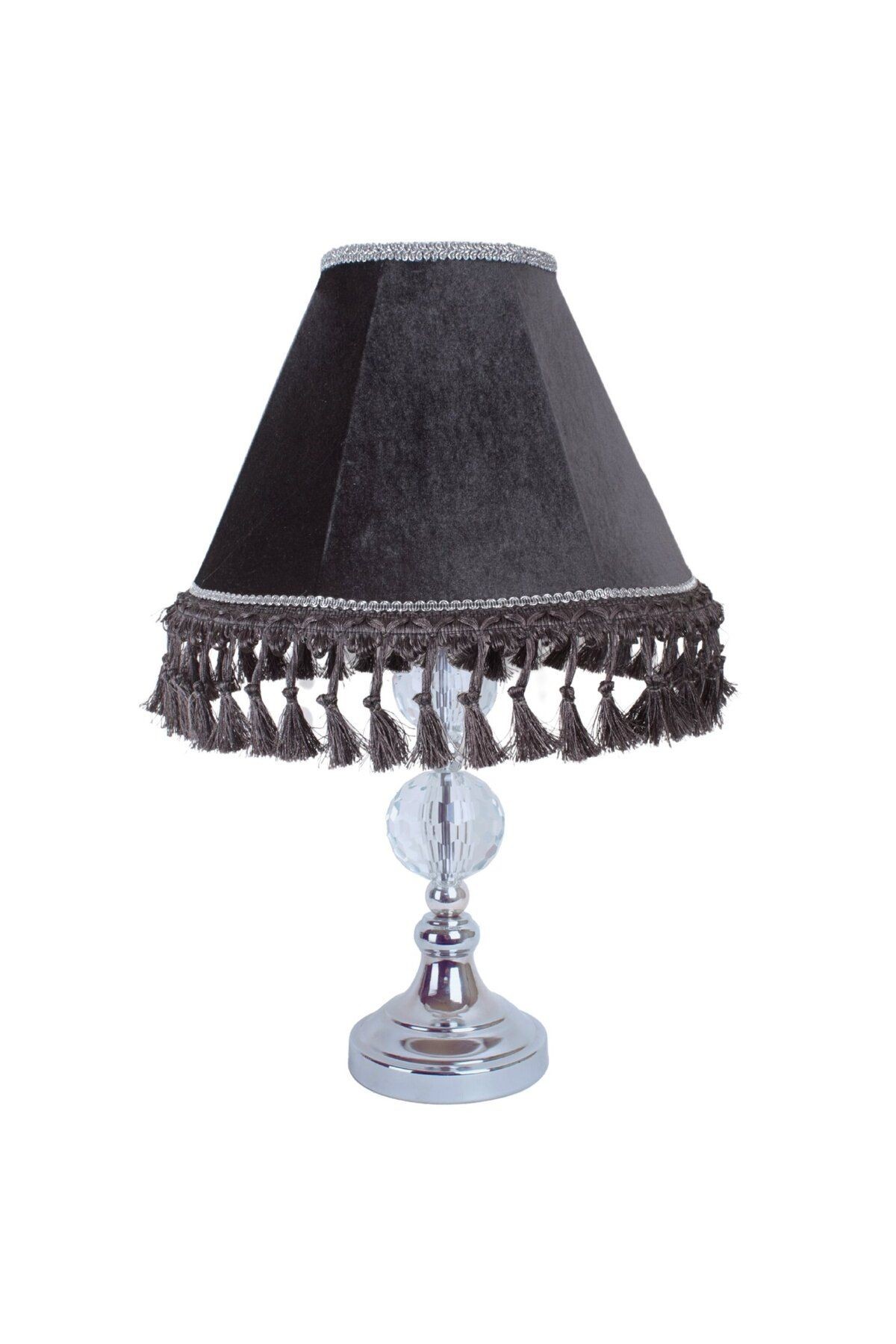 Füme Kadife Vintage Abajur Kristal Cam Ayak Gümüş Kaplama AB07514