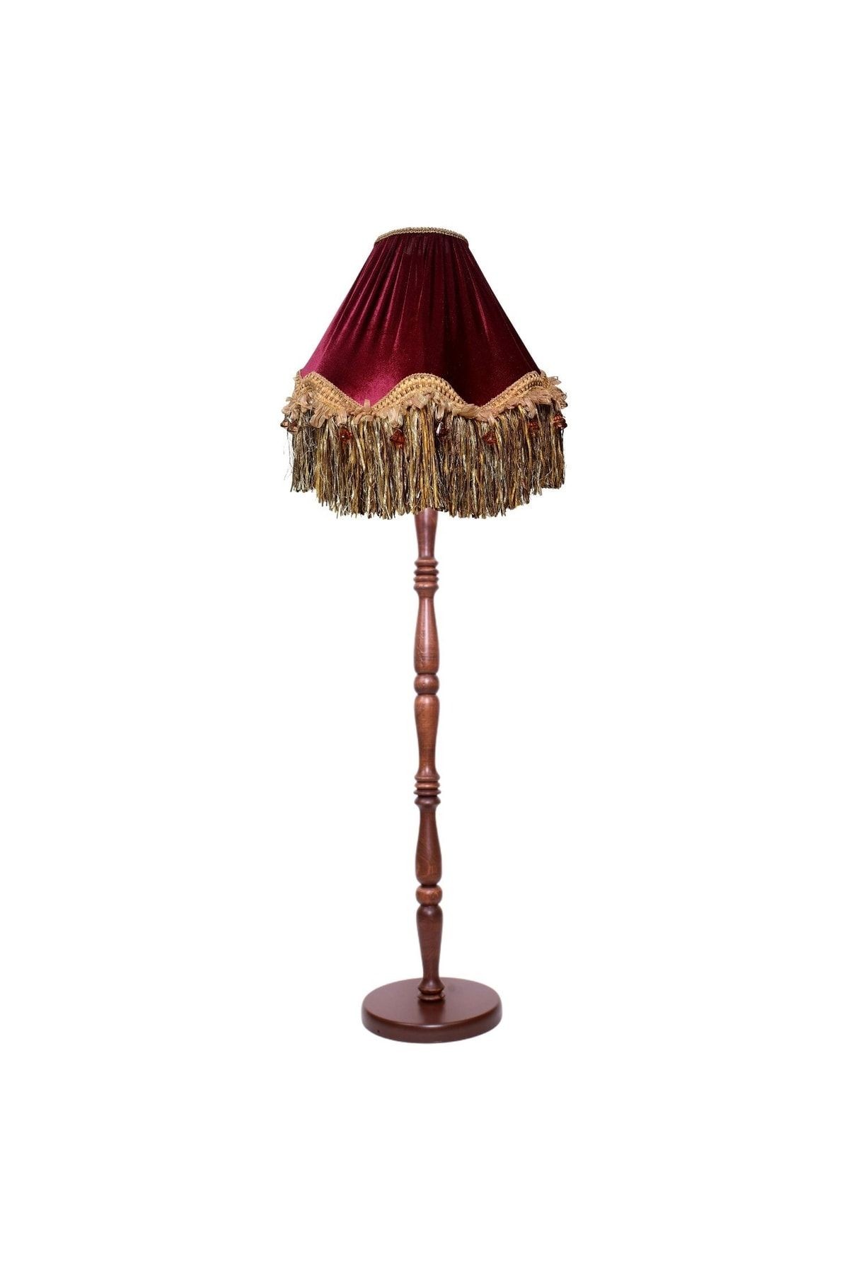 Bordo Gold Saçak Vintage Lambader Kumaş Kaplama Kahverengi Ahşap Ayak Lm0124