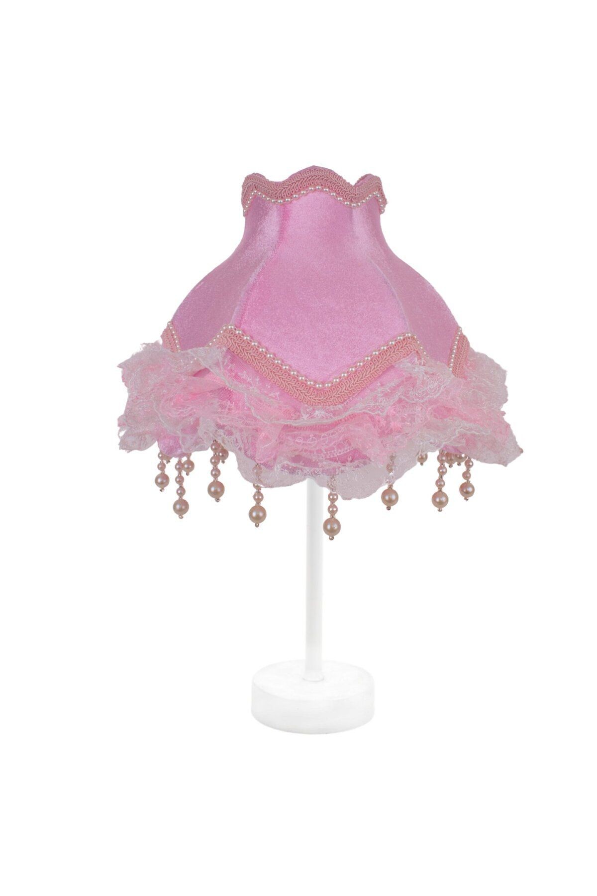 Pembe Kadife Abajur Beyaz Klasik Metal Ayak Vintage Fransız Dantel AB0738