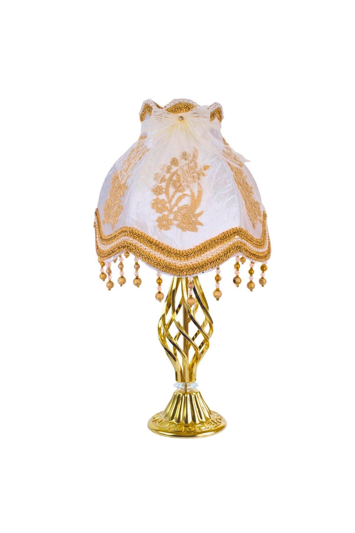 Ekru Kadife Kaplı Fransız Dantel Süsleme Vintage Abajur Gold Kaplama Metal Ayak 30x50cm AB0766
