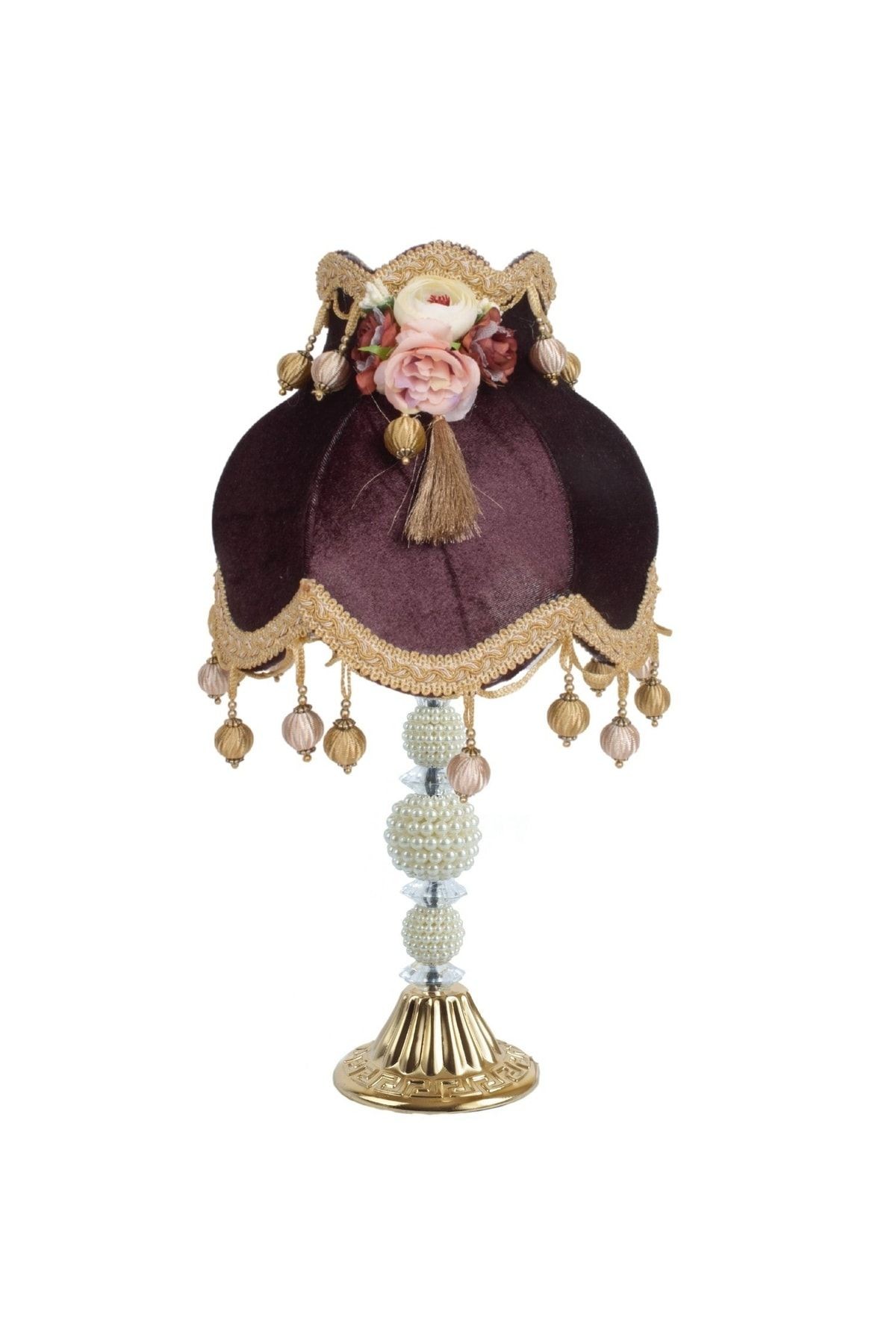 Kahverengi Kadife Kaplı Çiçek Dekorlu Yatak Odası Vintage Abajur Ab0338