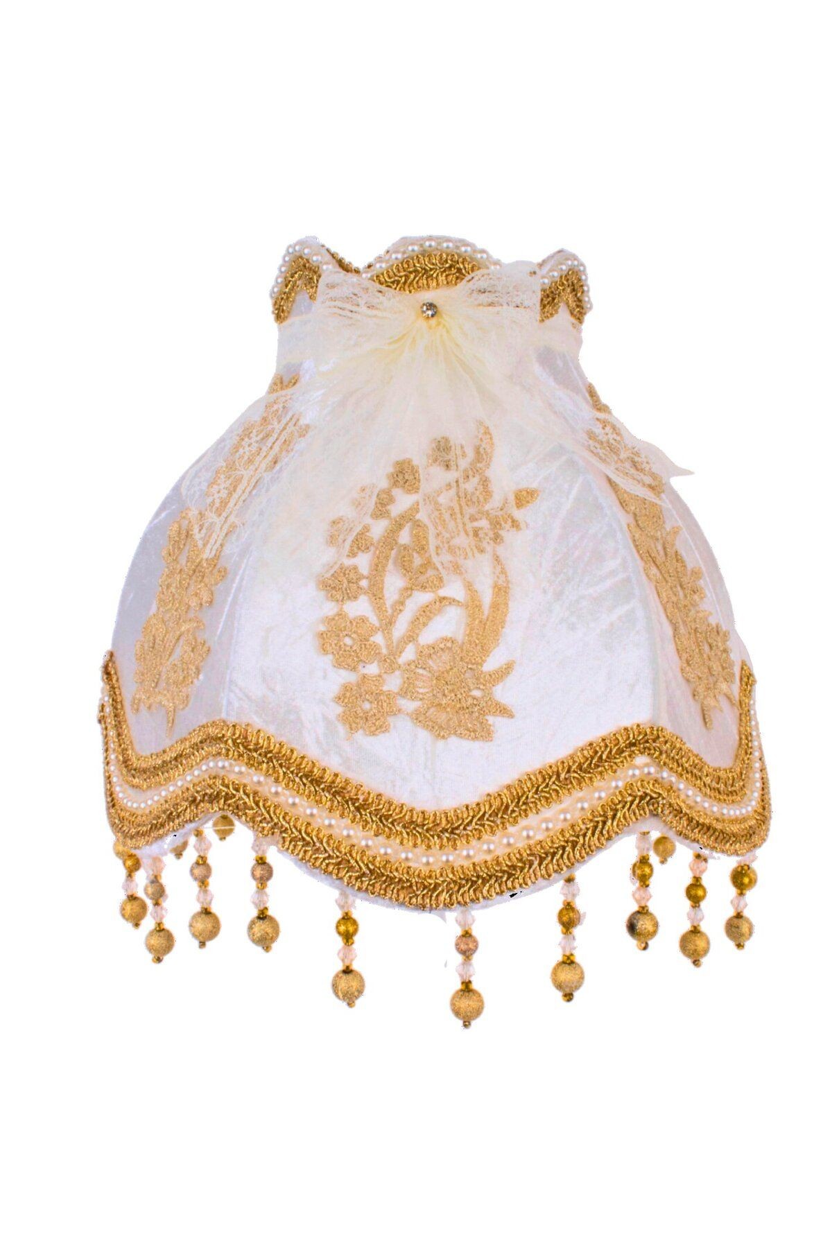 Ekru Kadife Fransız Dantel Süsleme Vintage Abajur Gold Kaplama İncili Gold Metal Ayak AB0769