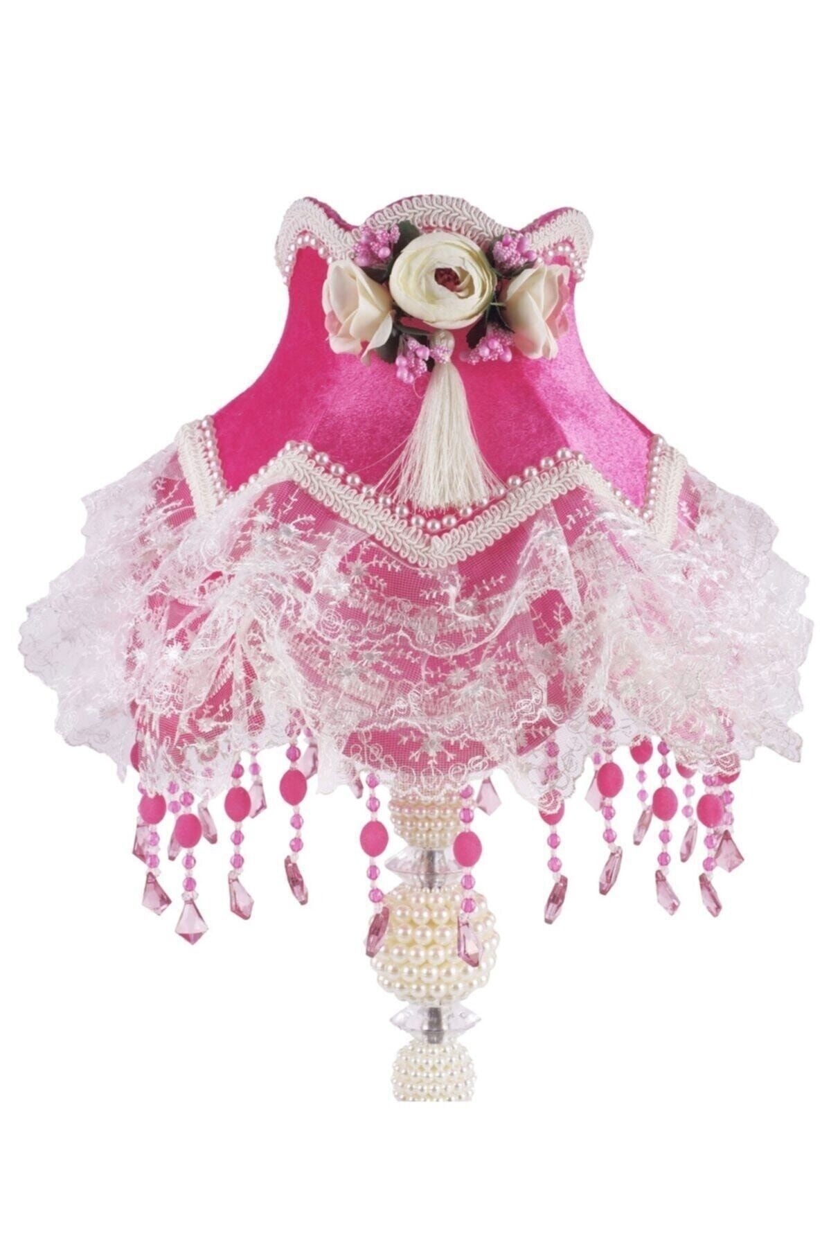 Pembe Çiçek Dekorlu Abajur Fuşya Klasik Model
