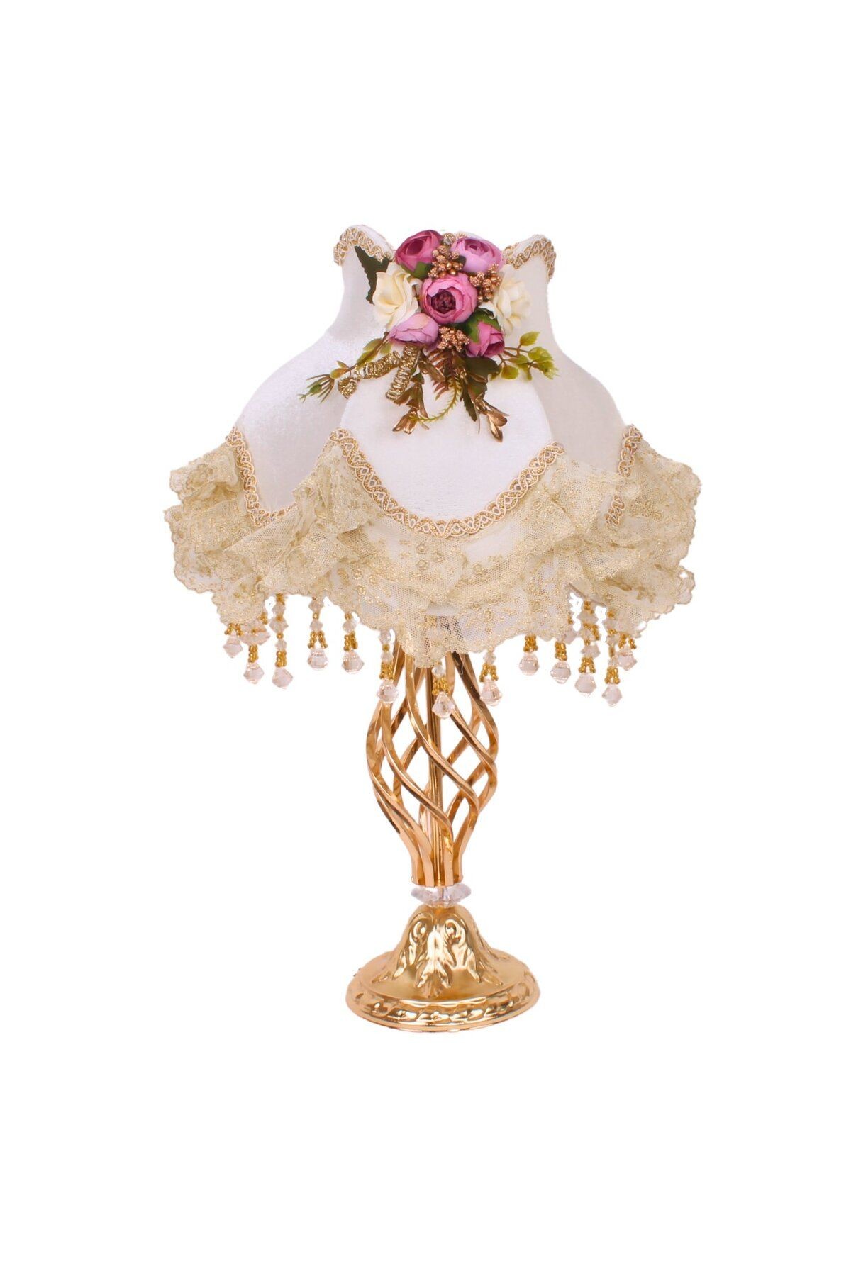 Ekru Kadife Kaplı Dantel Süsleme Gold-Şeffaf Sarkan Vintage Abajur 30x50cm AB1007