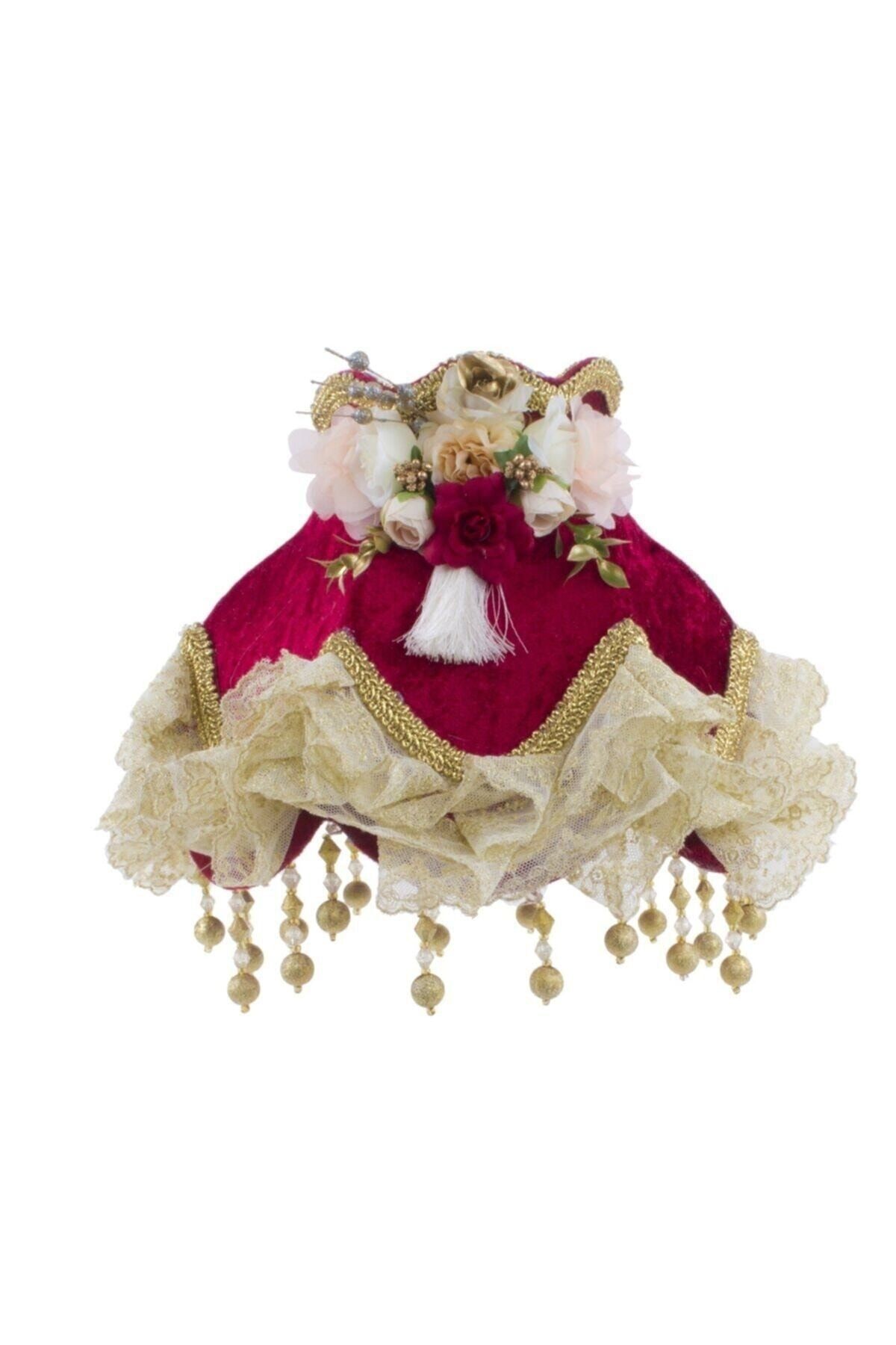 Kadife Kaplı El Yapımı Klasik Model Abajur Vintage Bordo