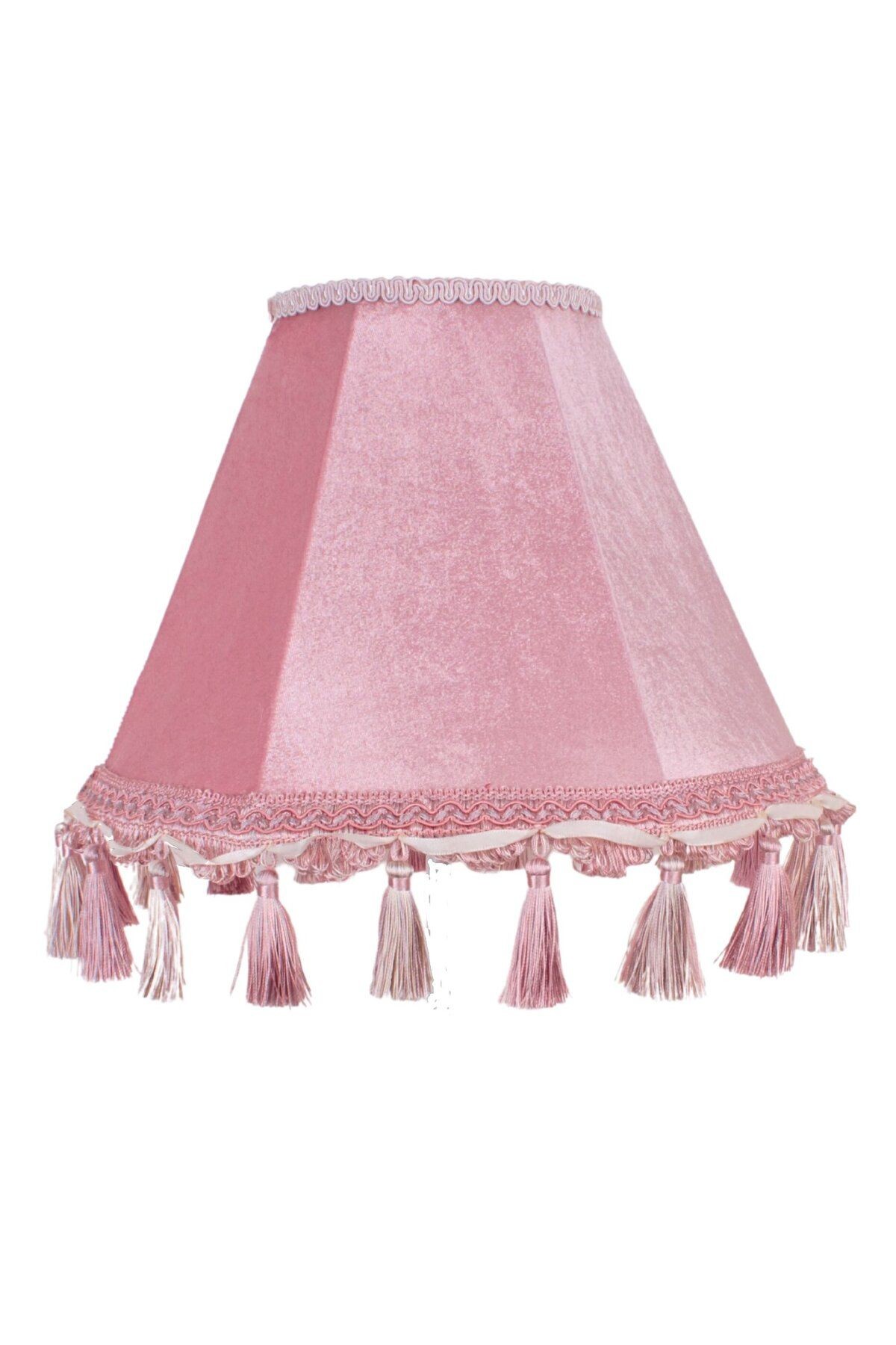 Pembe Kadife Vintage Abajur İncili Beyaz Metal Ayak AB07498