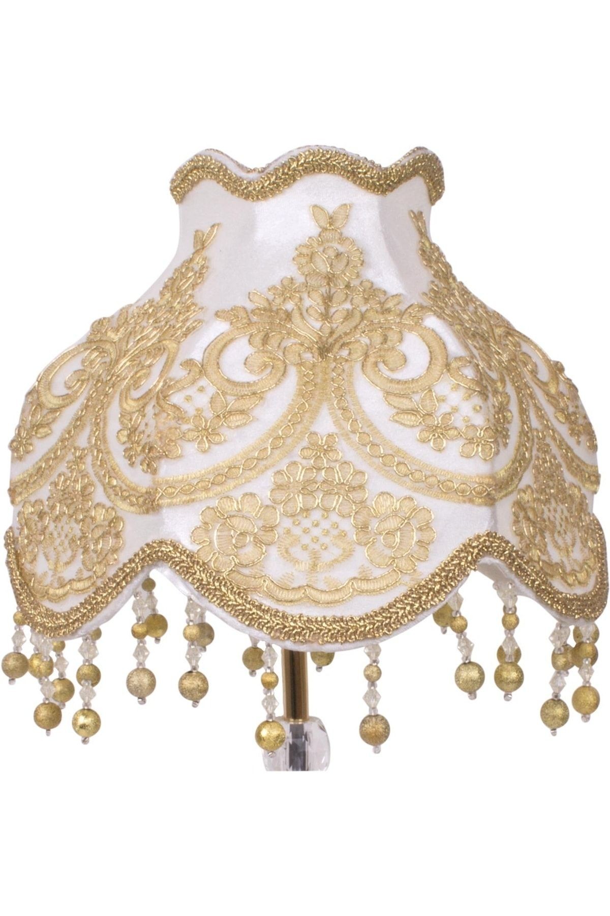 Ekru Kadife Fransız Dantel Kaplama Gold Kristal Ayak Klasik Abajur Ab0455