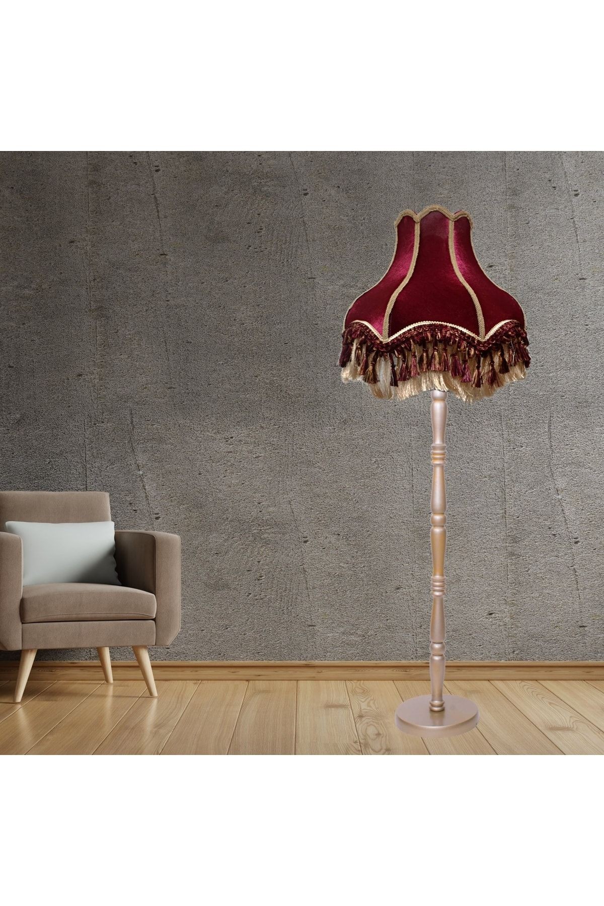 Bordo Vintage Lambader Kadife Kumaş Kaplama Ahşap Gold Kaplama Ayak Lm0122