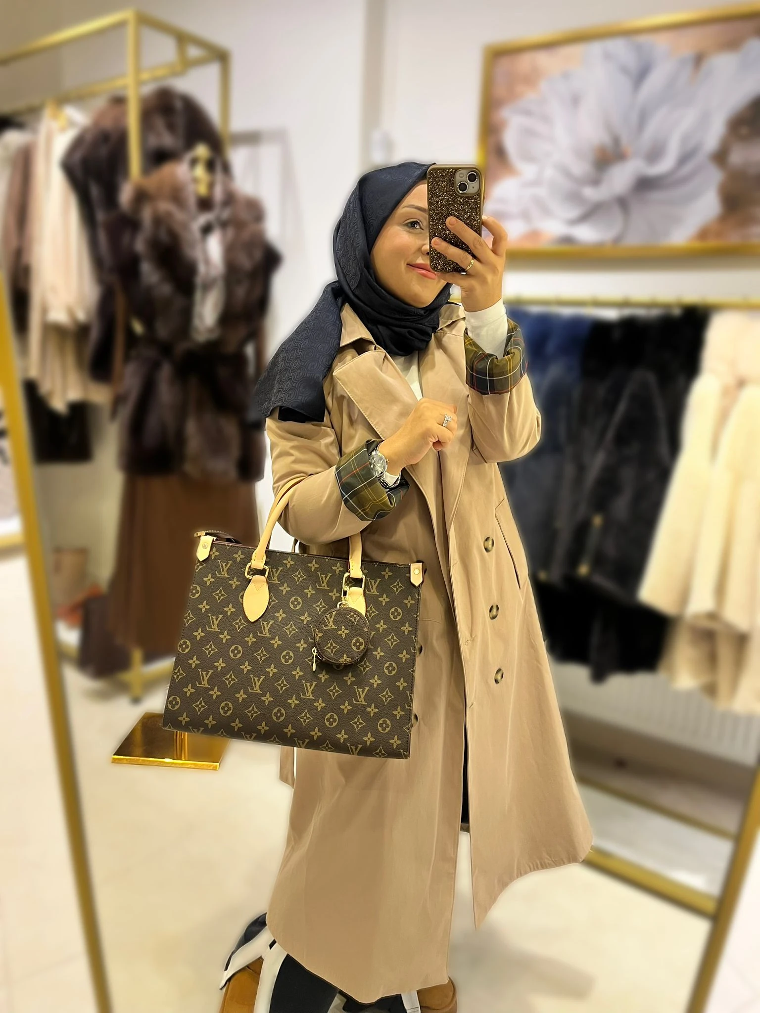 Trençkot Cappuccino Ekose Detaylı