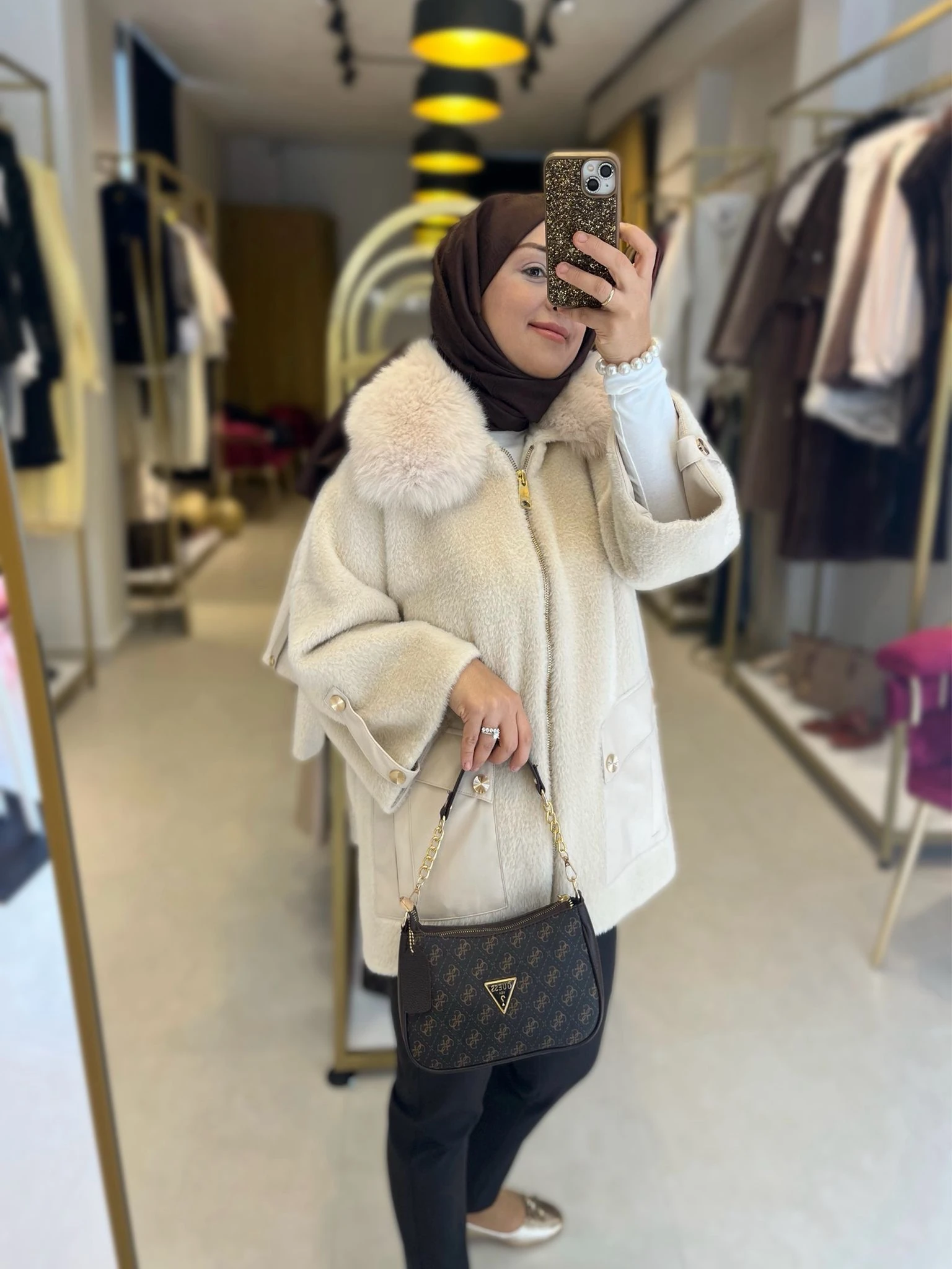 Angora Kürk Kaban Ekru