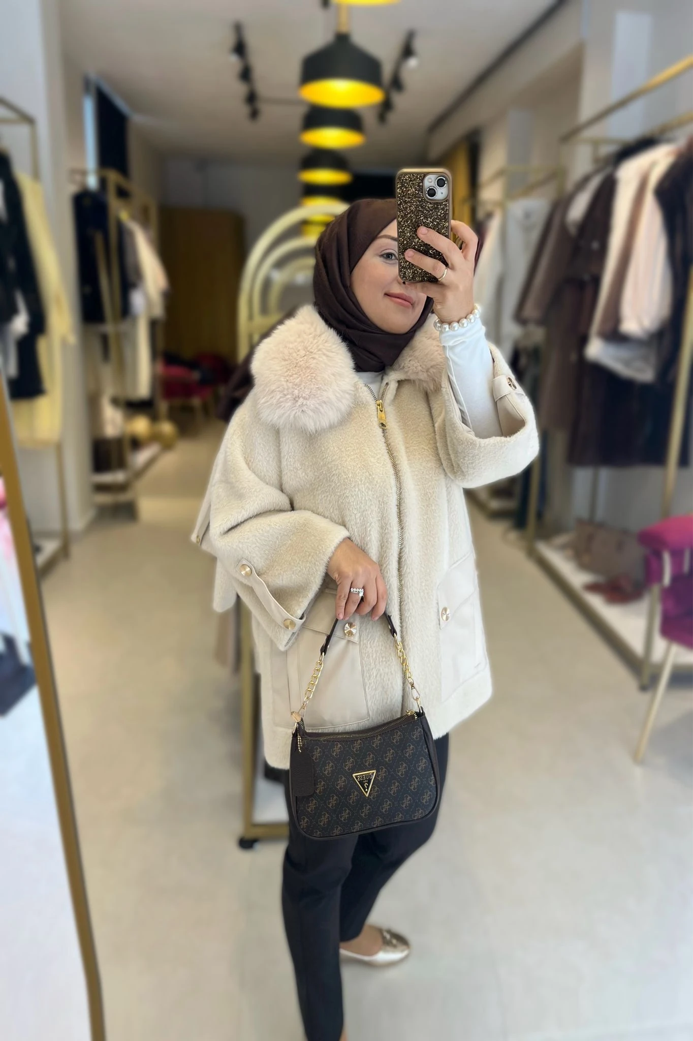 Angora Kürk Kaban Ekru