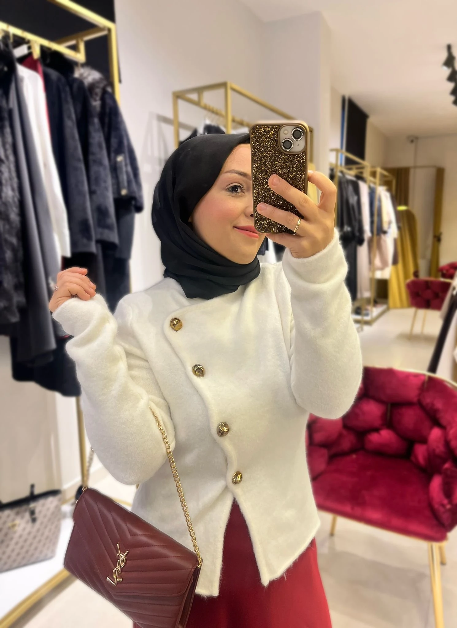 Ekru Gold Düğme Detaylı Hırka