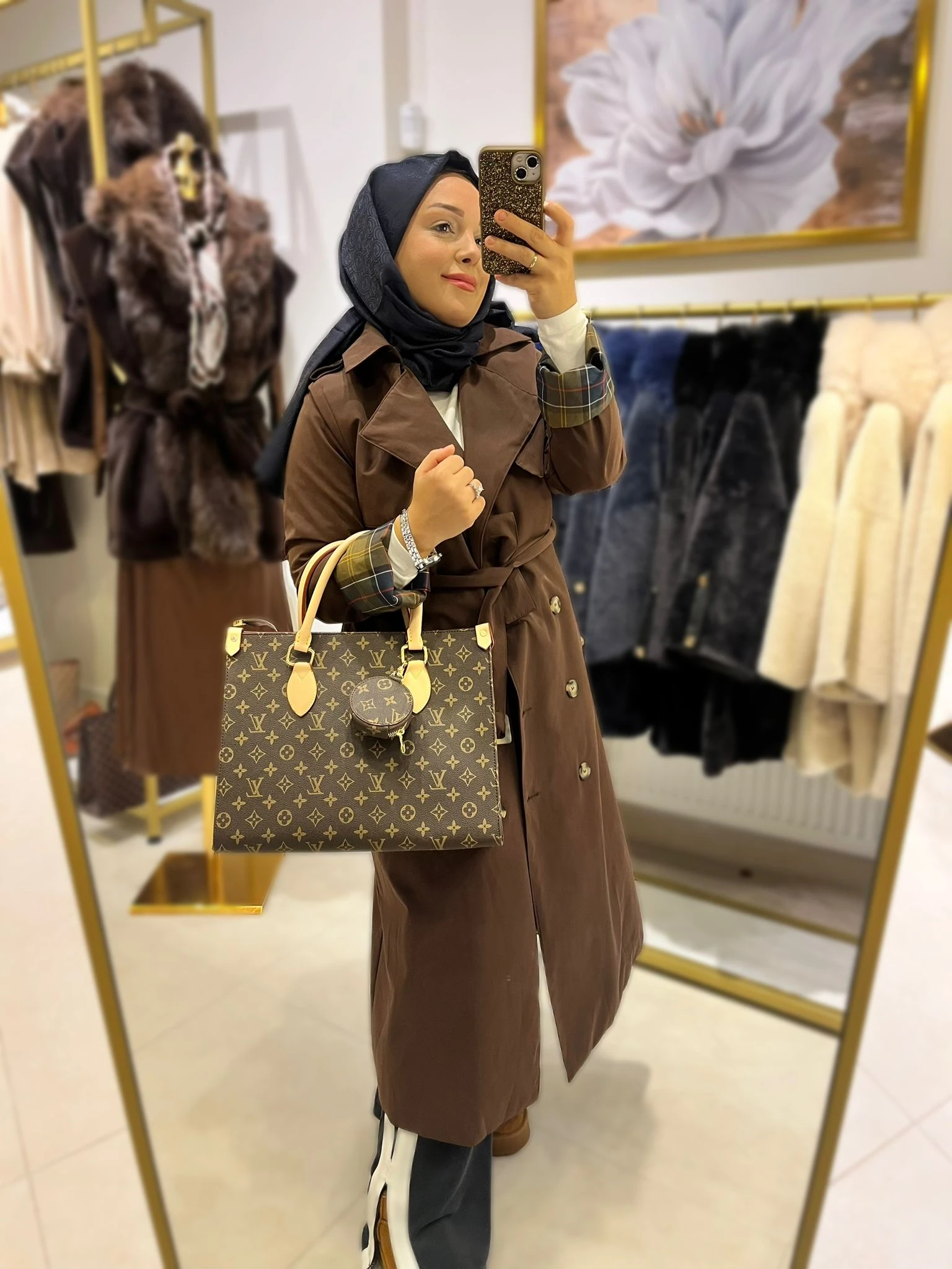 Trençkot Kahve Ekose Detaylı