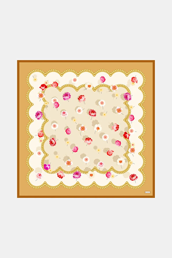 Vakko Ekru Çiçek Desenli Twill Eşarp